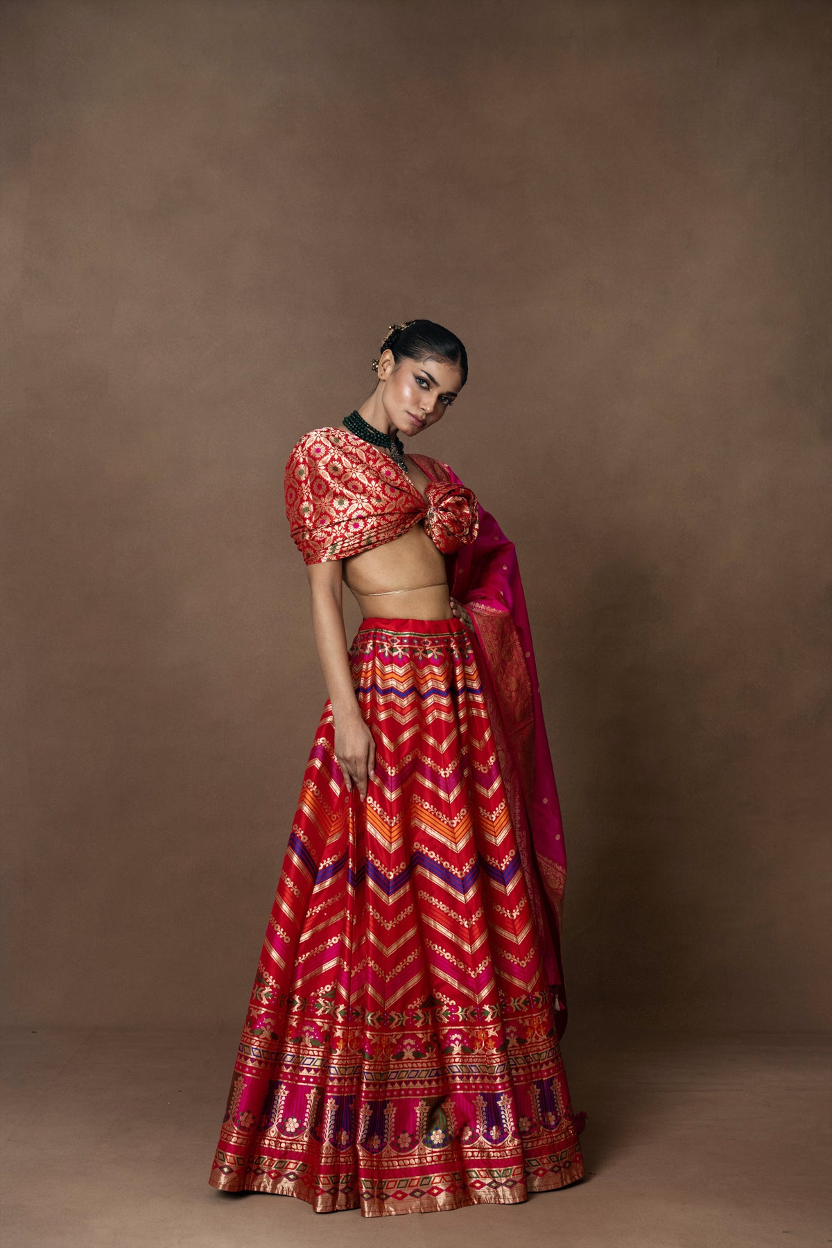Rangkaat Lehenga with Pink Silk Duppatta and Blouse Piece