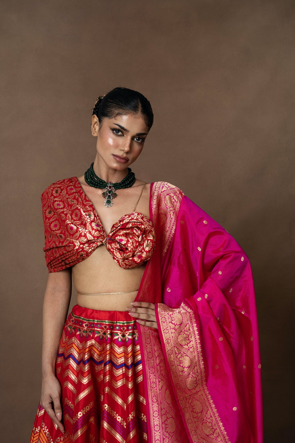 Rangkaat Lehenga with Pink Silk Duppatta and Blouse Piece