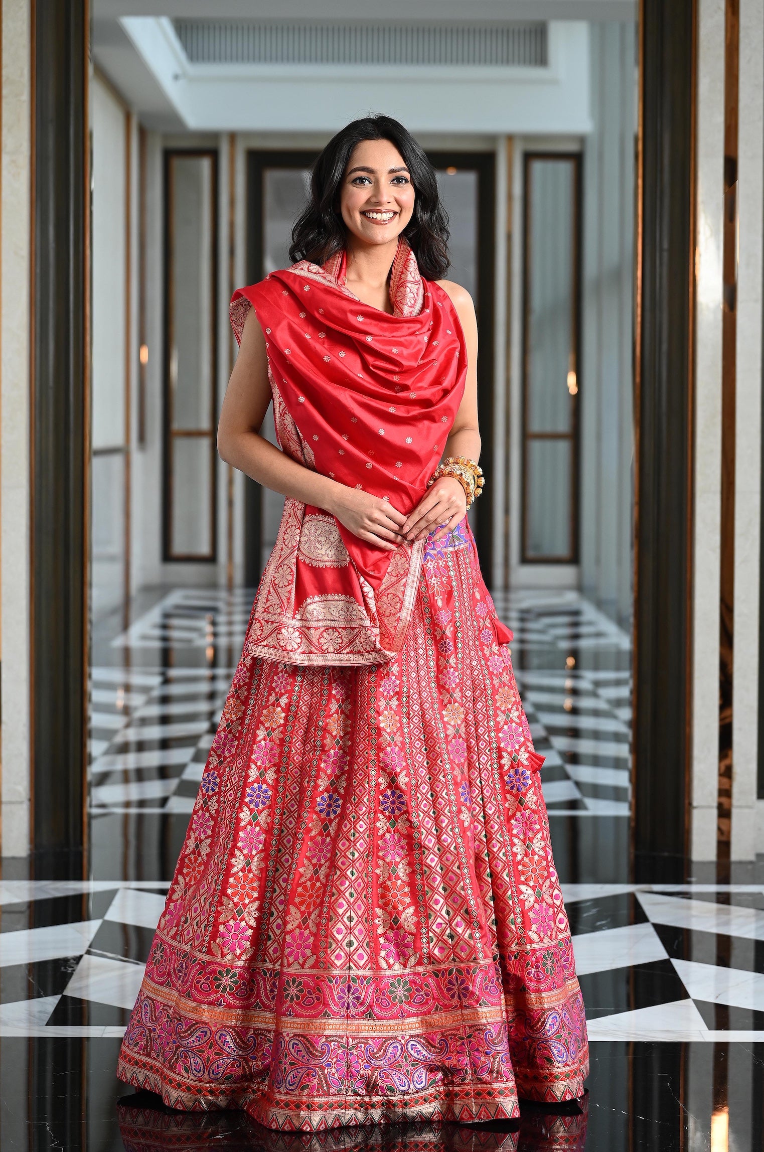 Red Banarasi Silk Navratan Lehenga Set