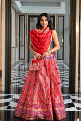 Red Banarasi Silk Navratan Lehenga Set