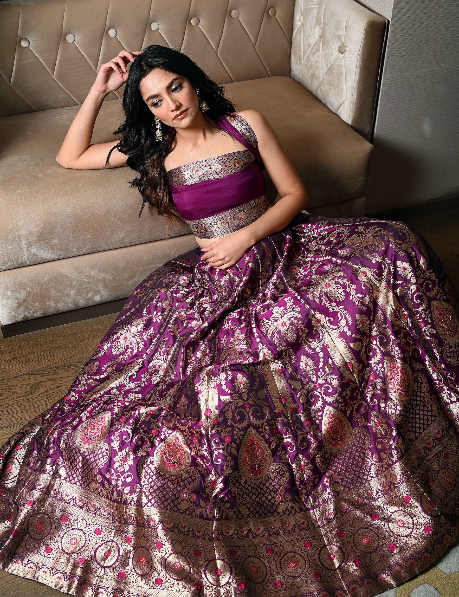 Purple Banarasi Silk Lehenga Set