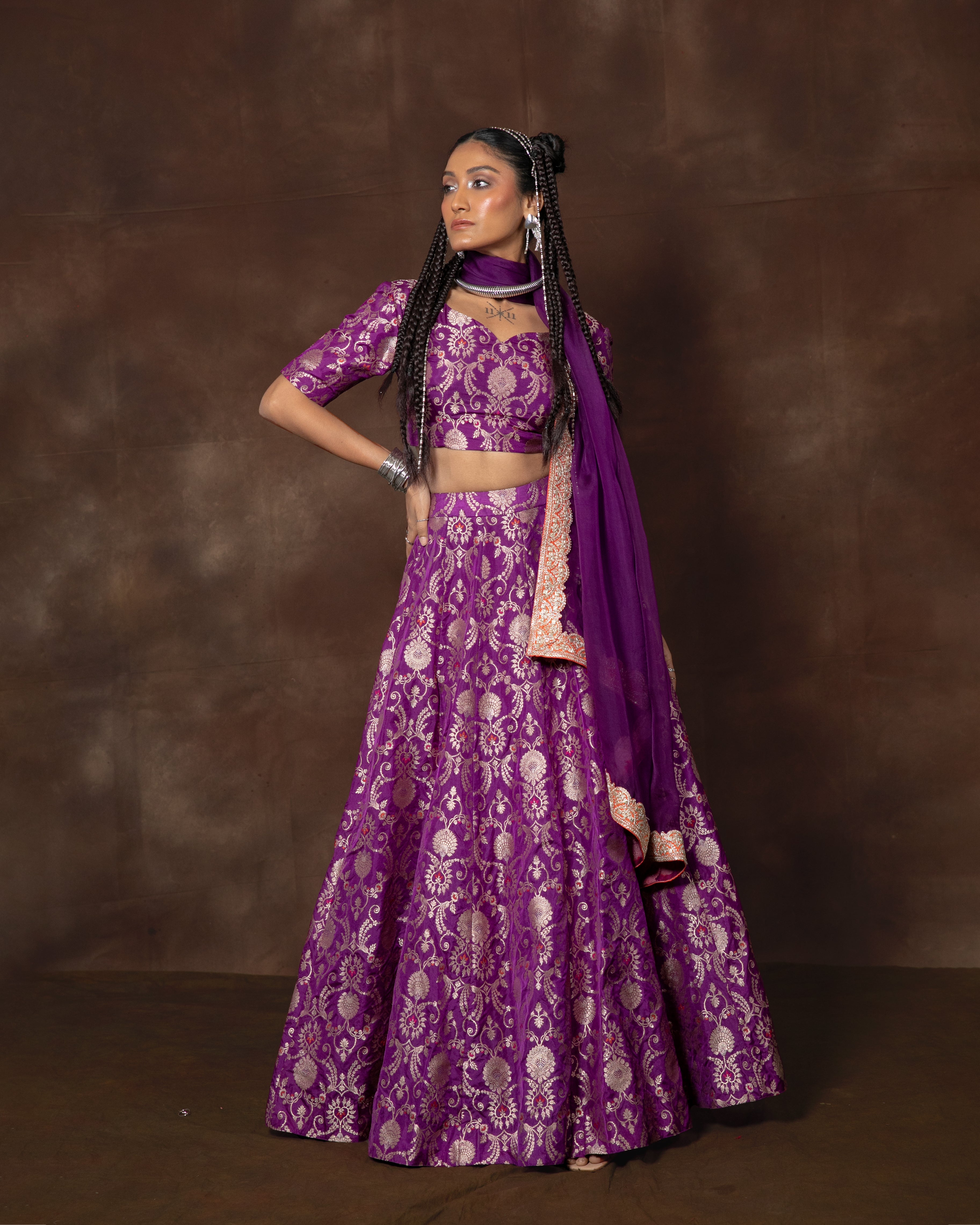 Purple Meenakari Brocade Silk Lehenga with Organza Duppatta Set