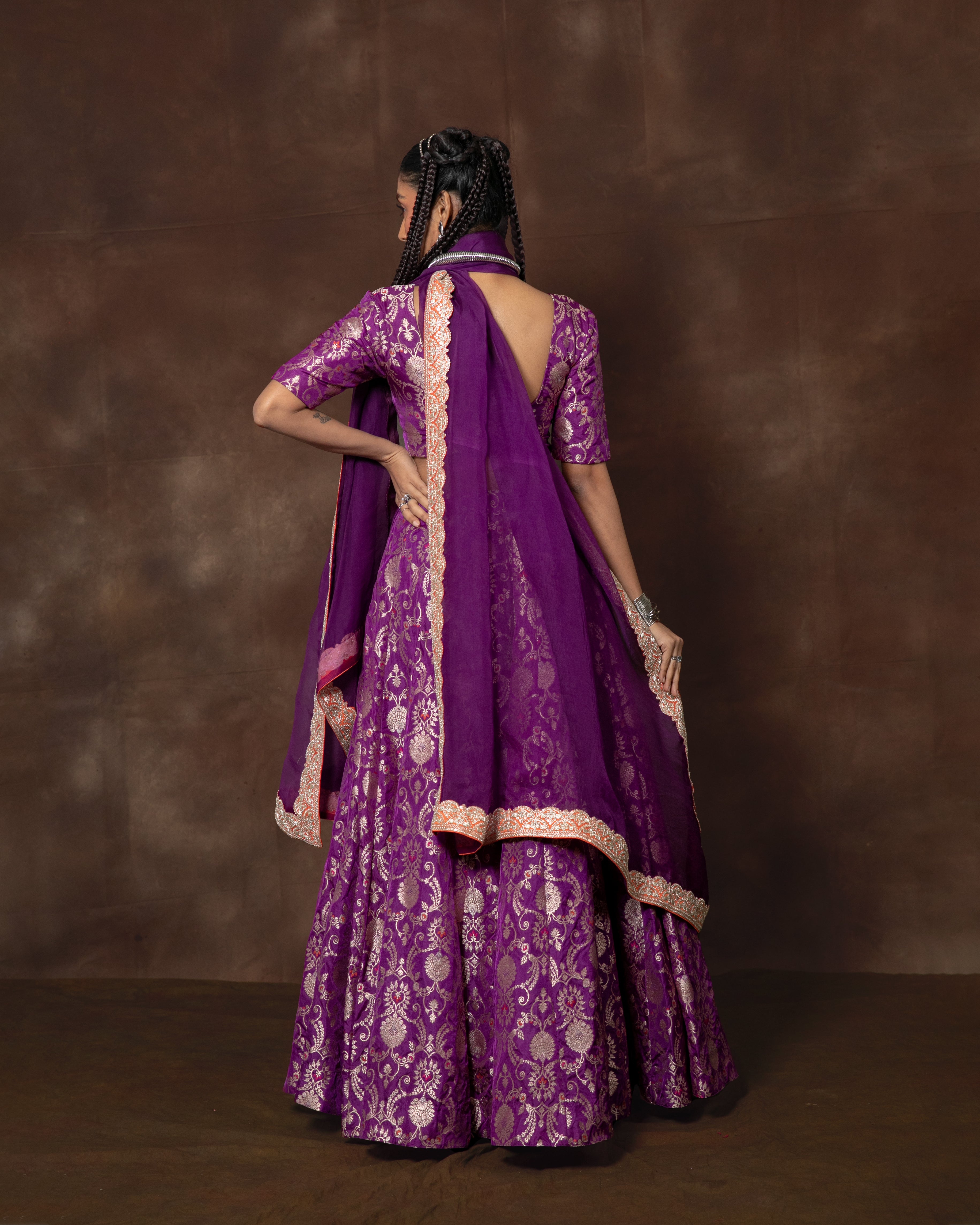 Purple Meenakari Brocade Silk Lehenga with Organza Duppatta Set