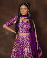 Purple Meenakari Brocade Silk Lehenga with Organza Duppatta Set