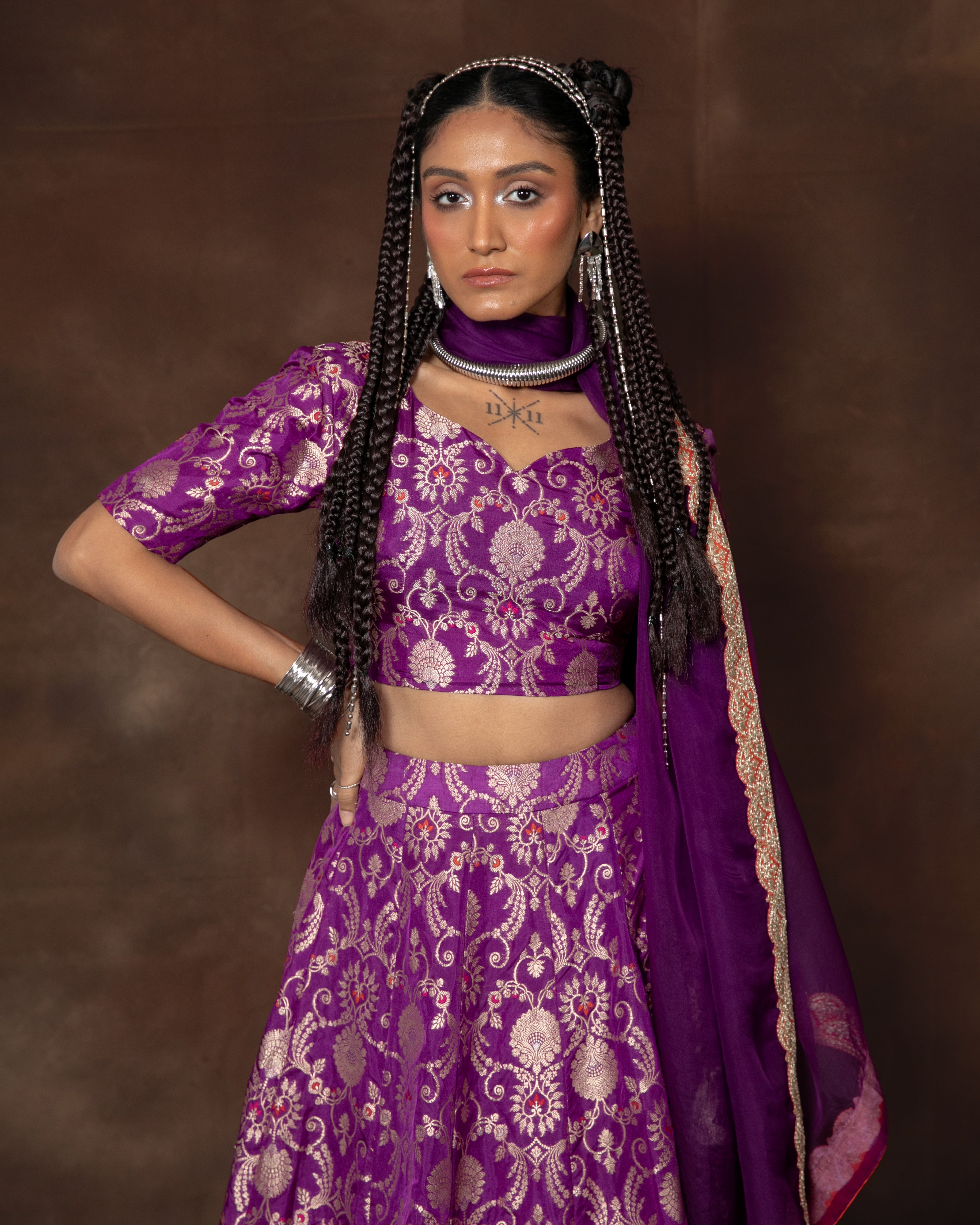 Purple Meenakari Brocade Silk Lehenga with Organza Duppatta Set