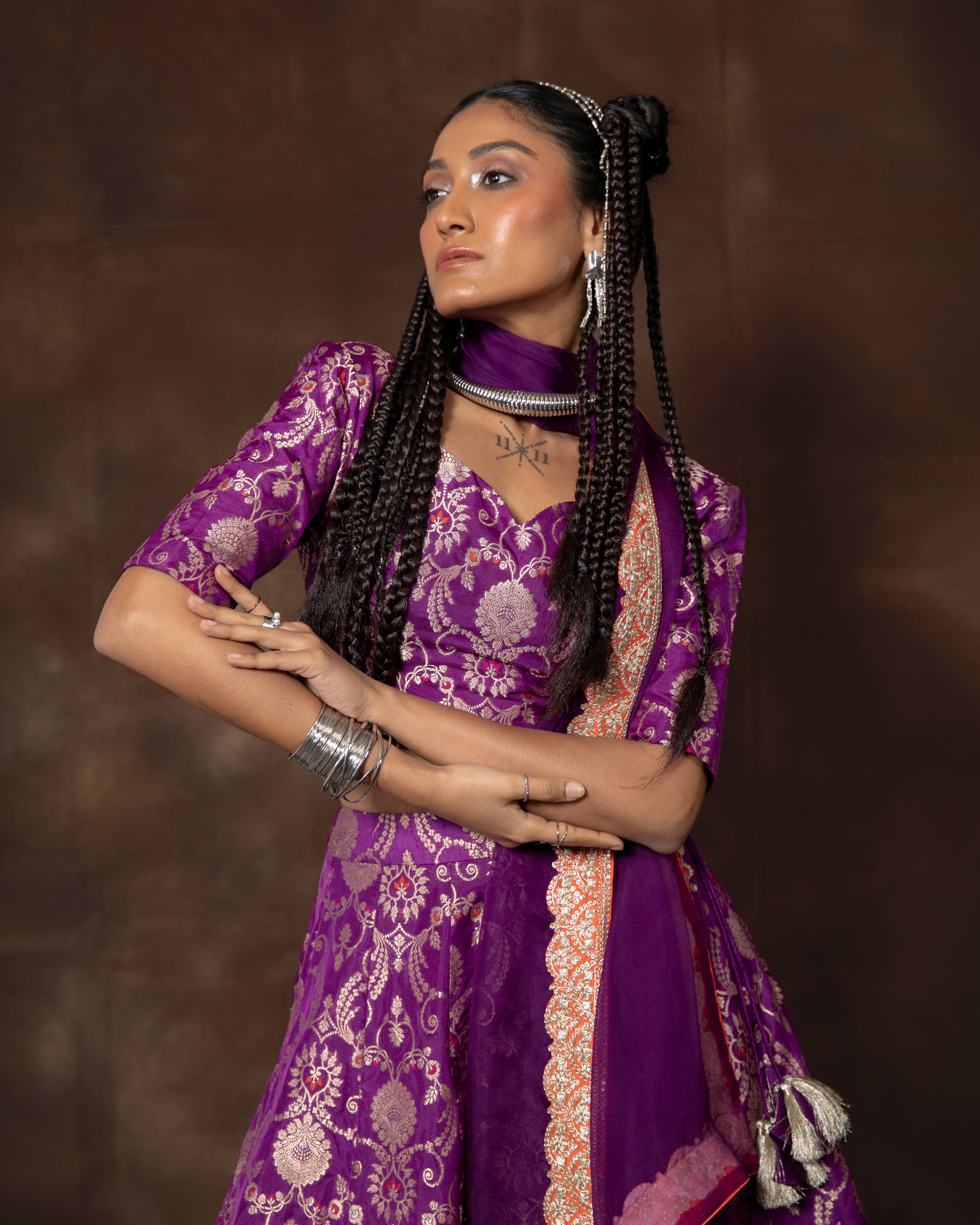 Purple Meenakari Brocade Silk Lehenga with Organza Duppatta Set
