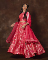 Pink Meenakari Brocade Silk Lehenga with Organza Duppatta Set