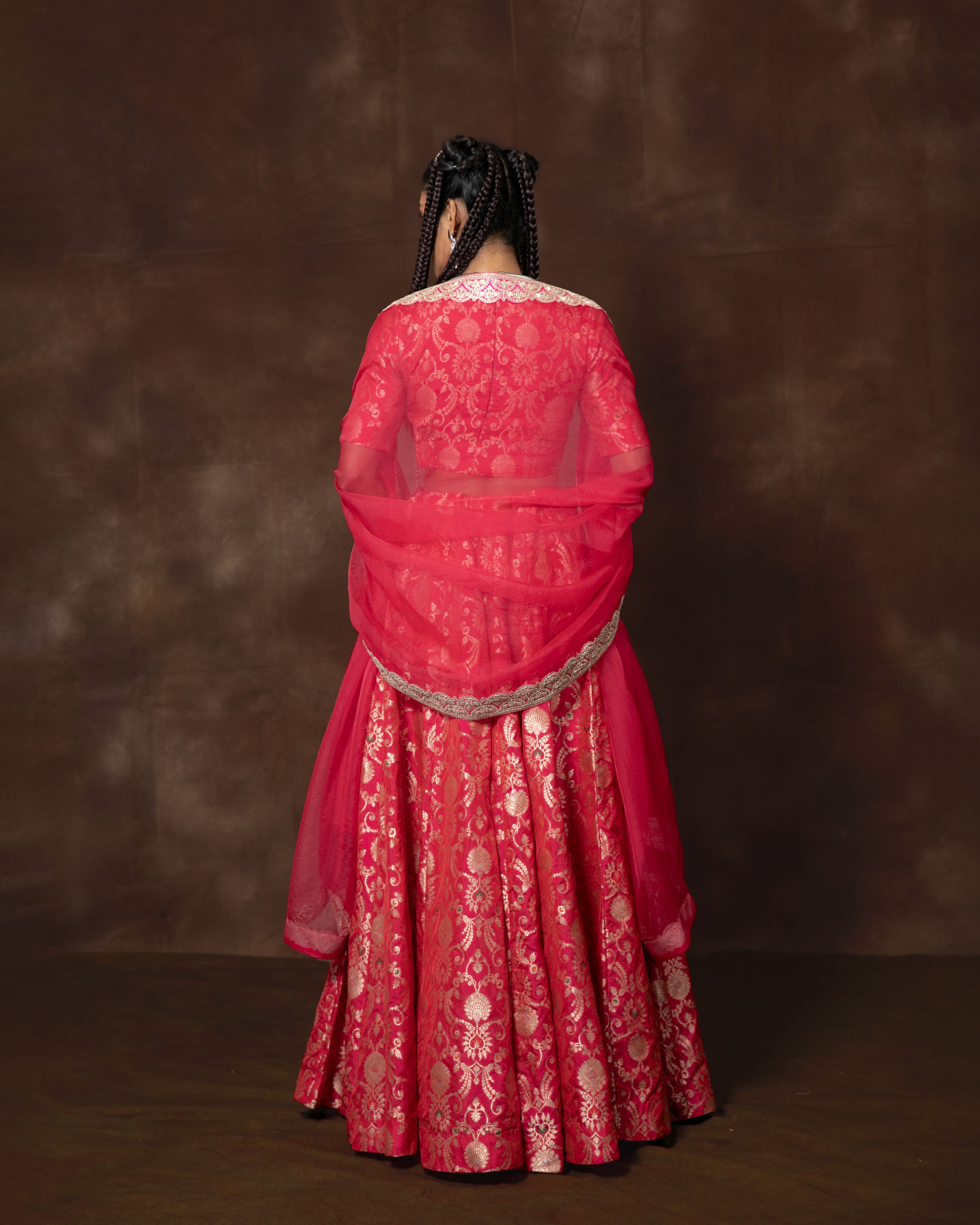 Pink Meenakari Brocade Silk Lehenga with Organza Duppatta Set