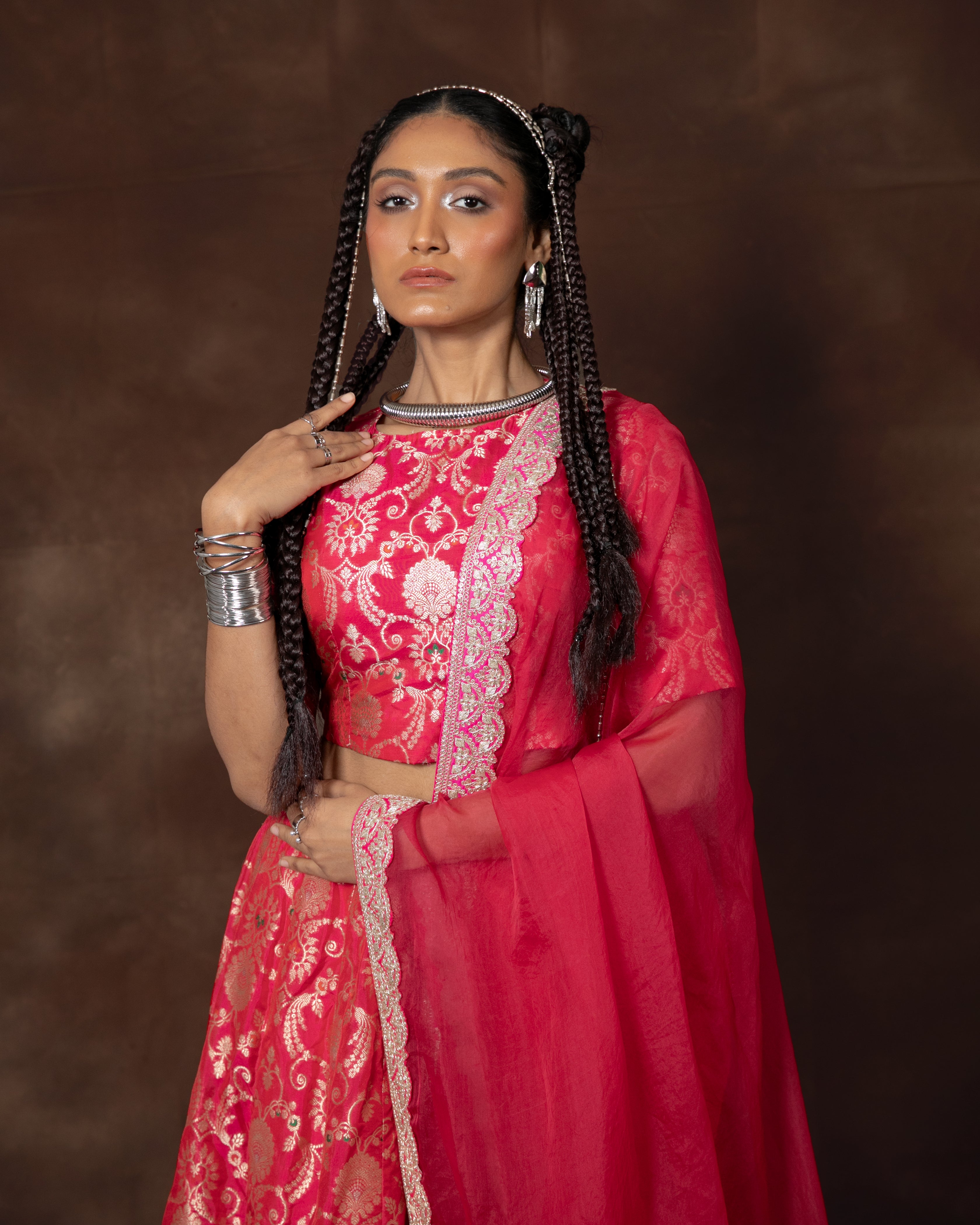 Pink Meenakari Brocade Silk Lehenga with Organza Duppatta Set