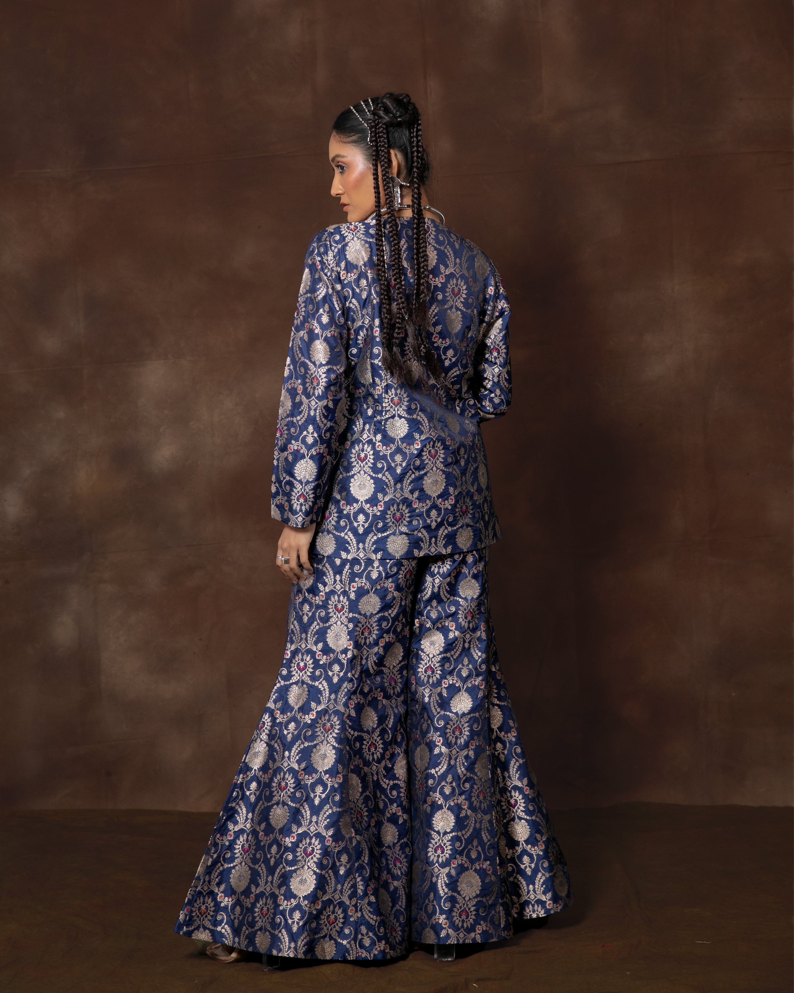 Blue Banarsi Silk Jacket and Garara Set
