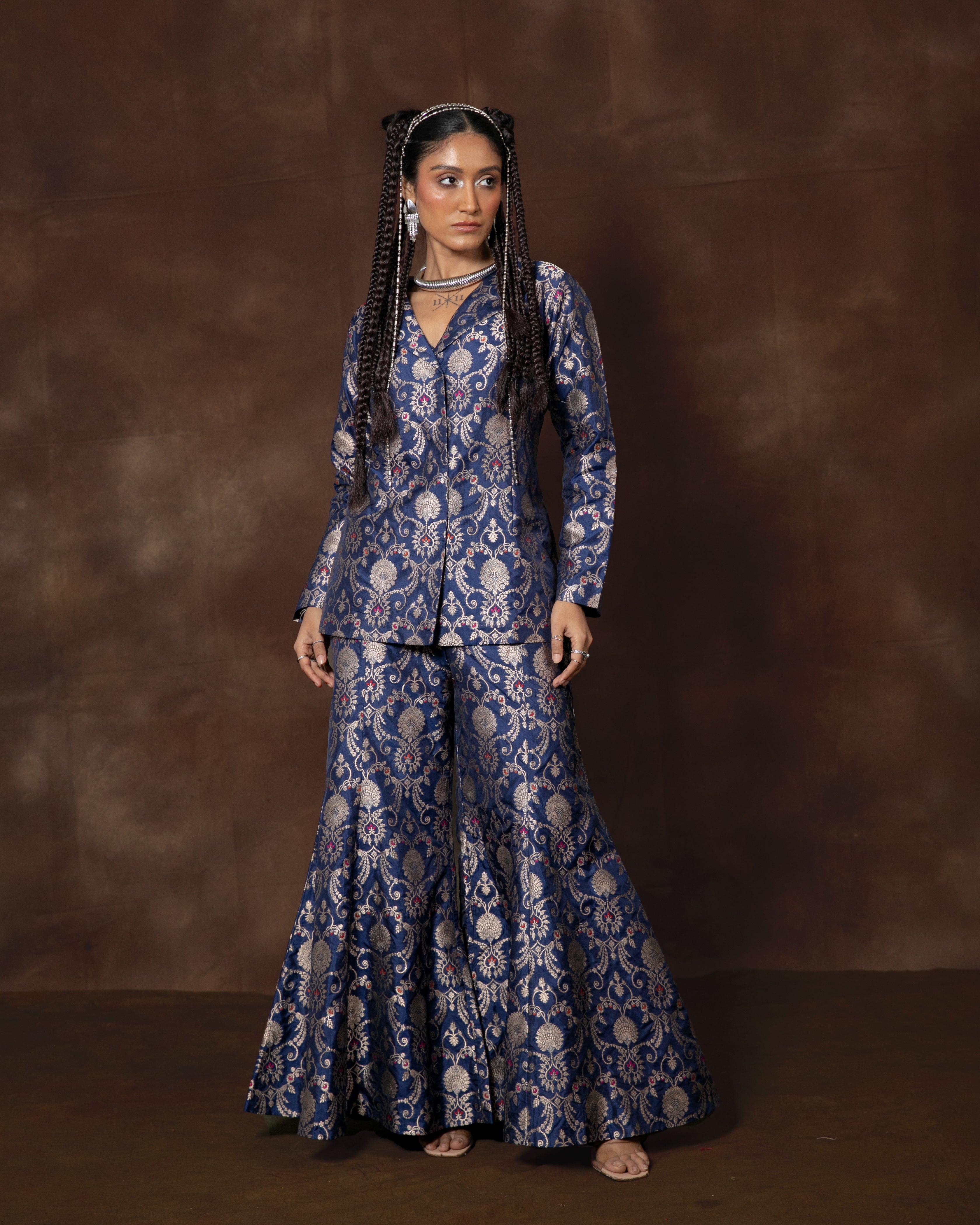 Blue Banarsi Silk Jacket and Garara Set