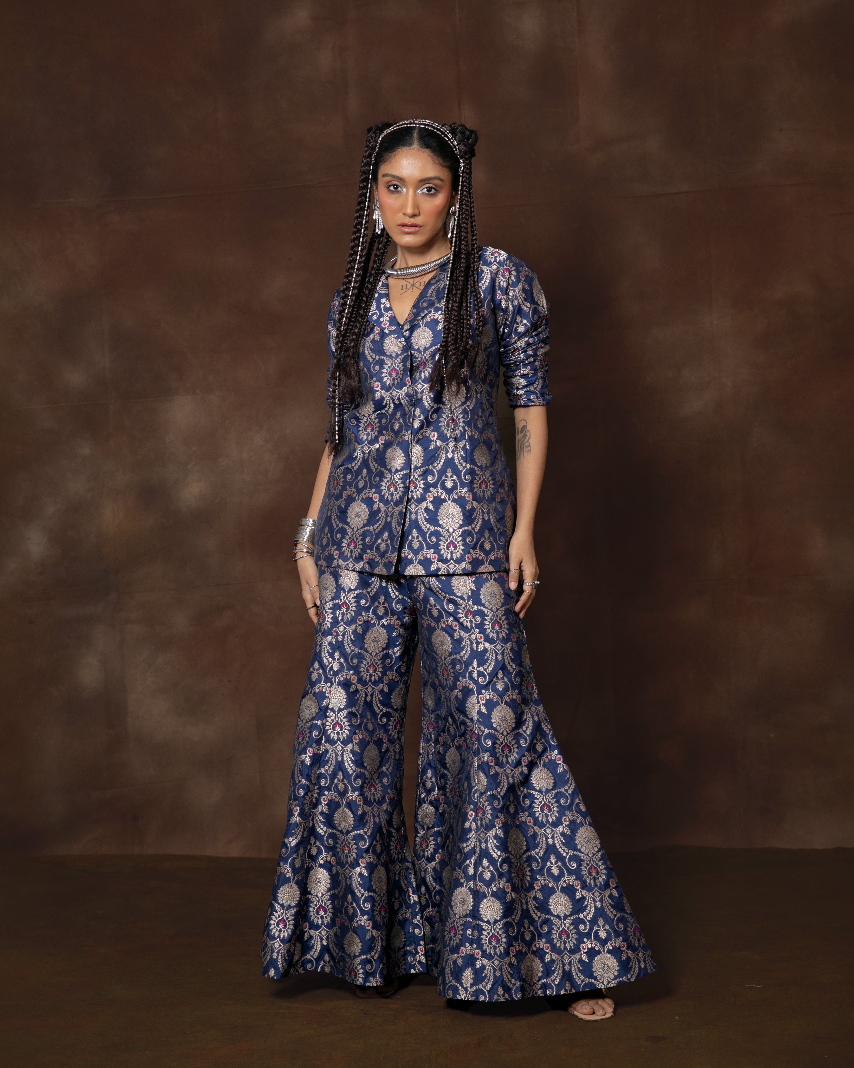 Blue Banarsi Silk Jacket and Garara Set