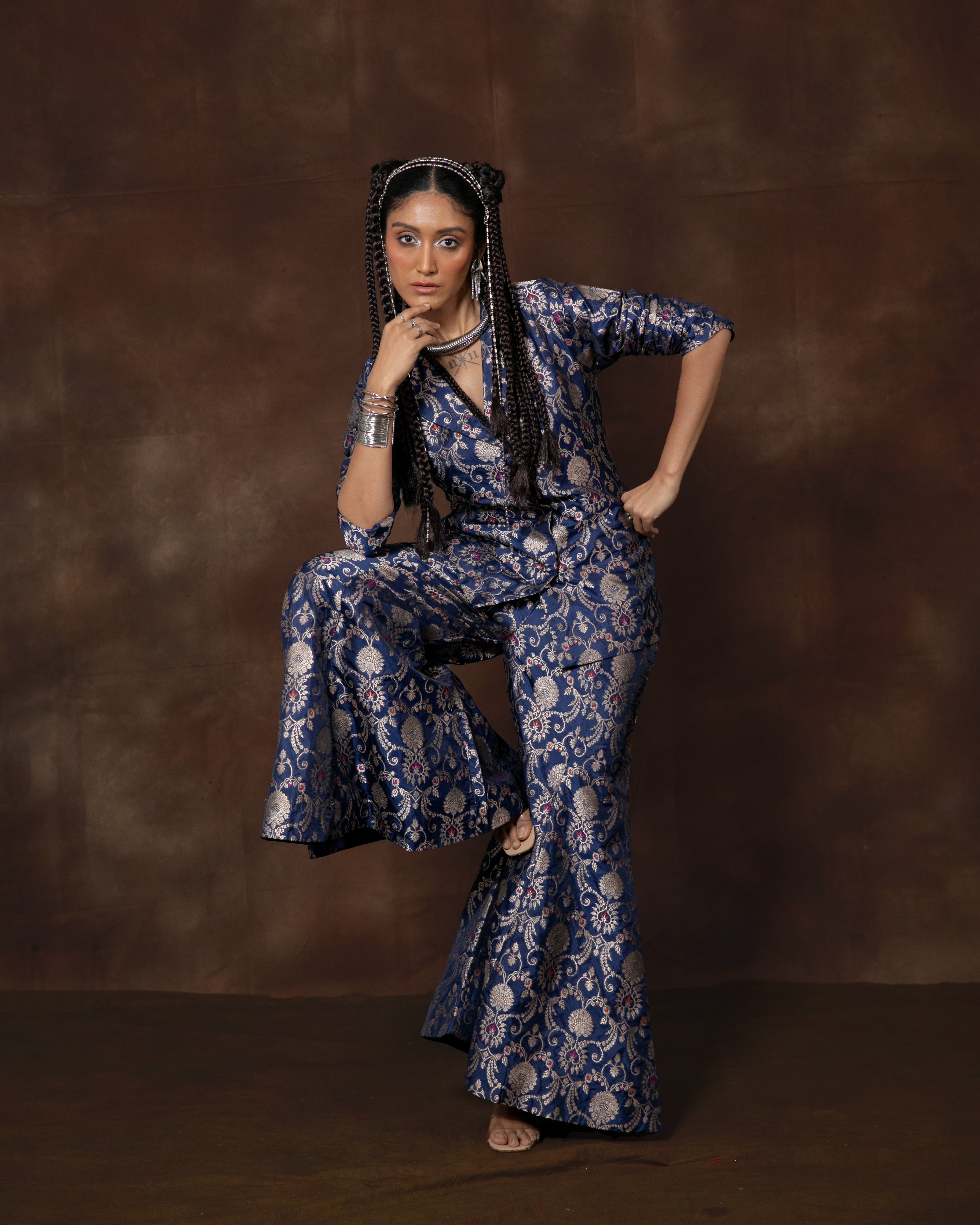 Blue Banarsi Silk Jacket and Garara Set