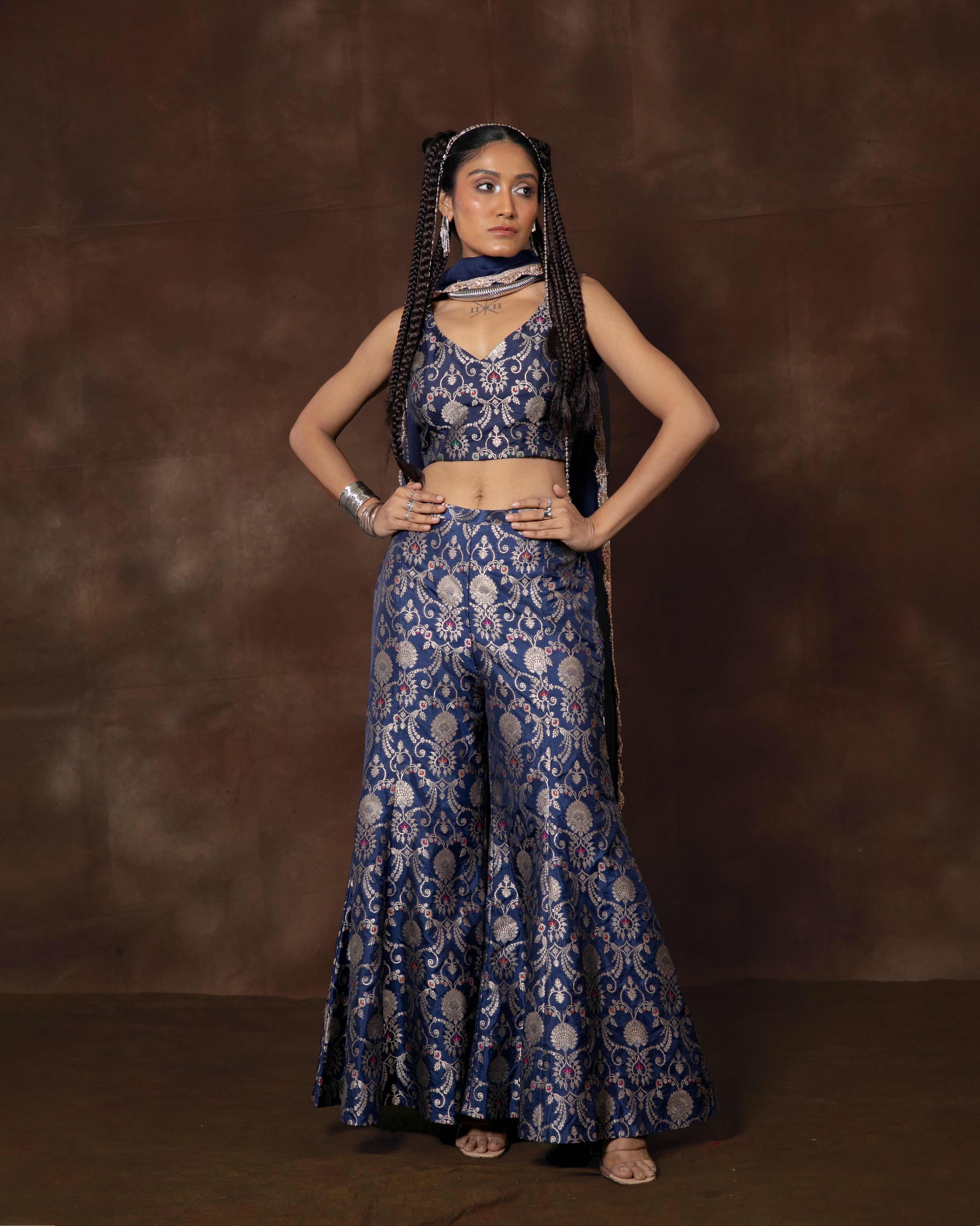 Blue Banarsi Silk Top and Garara Set