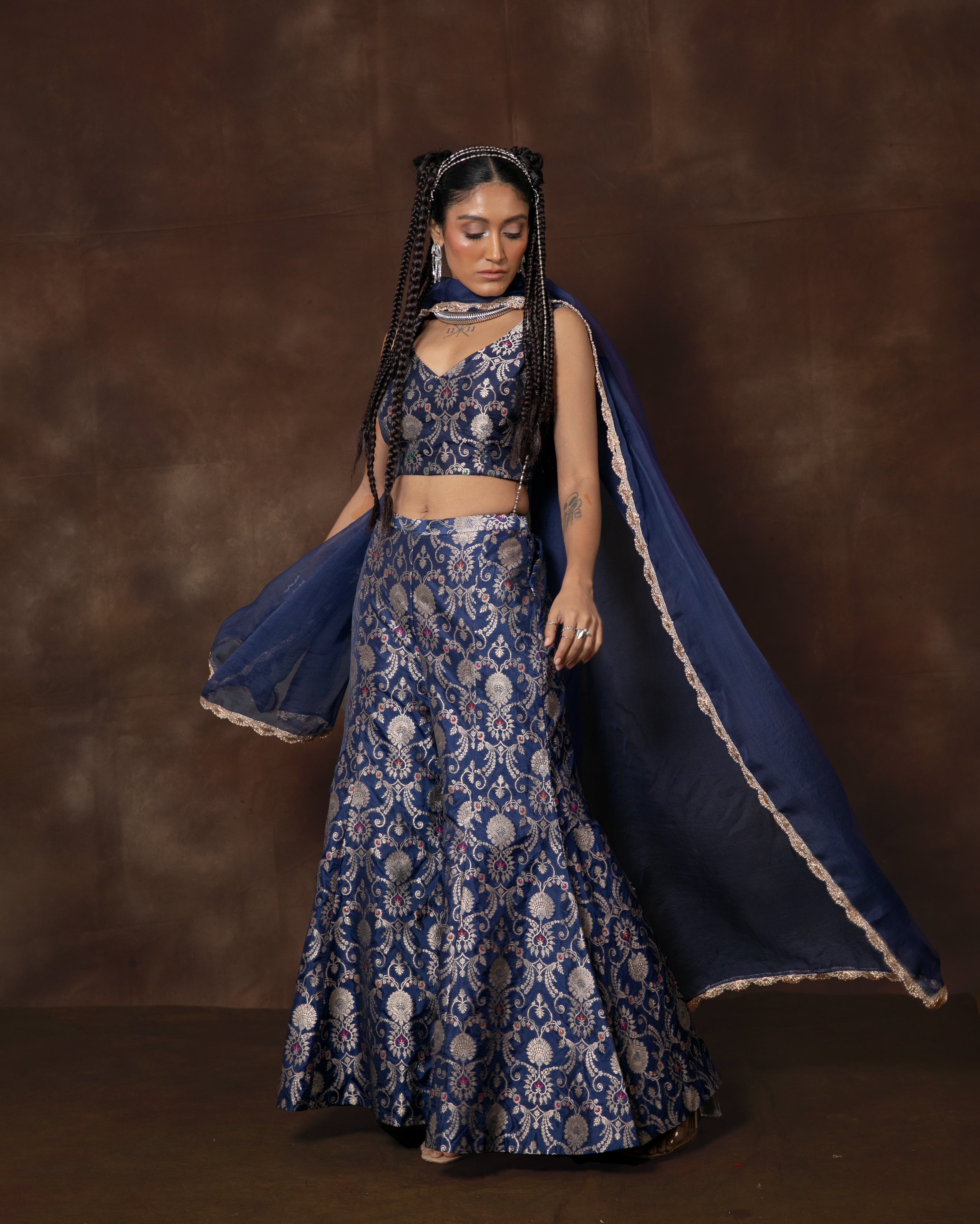 Blue Banarsi Silk Top and Garara Set
