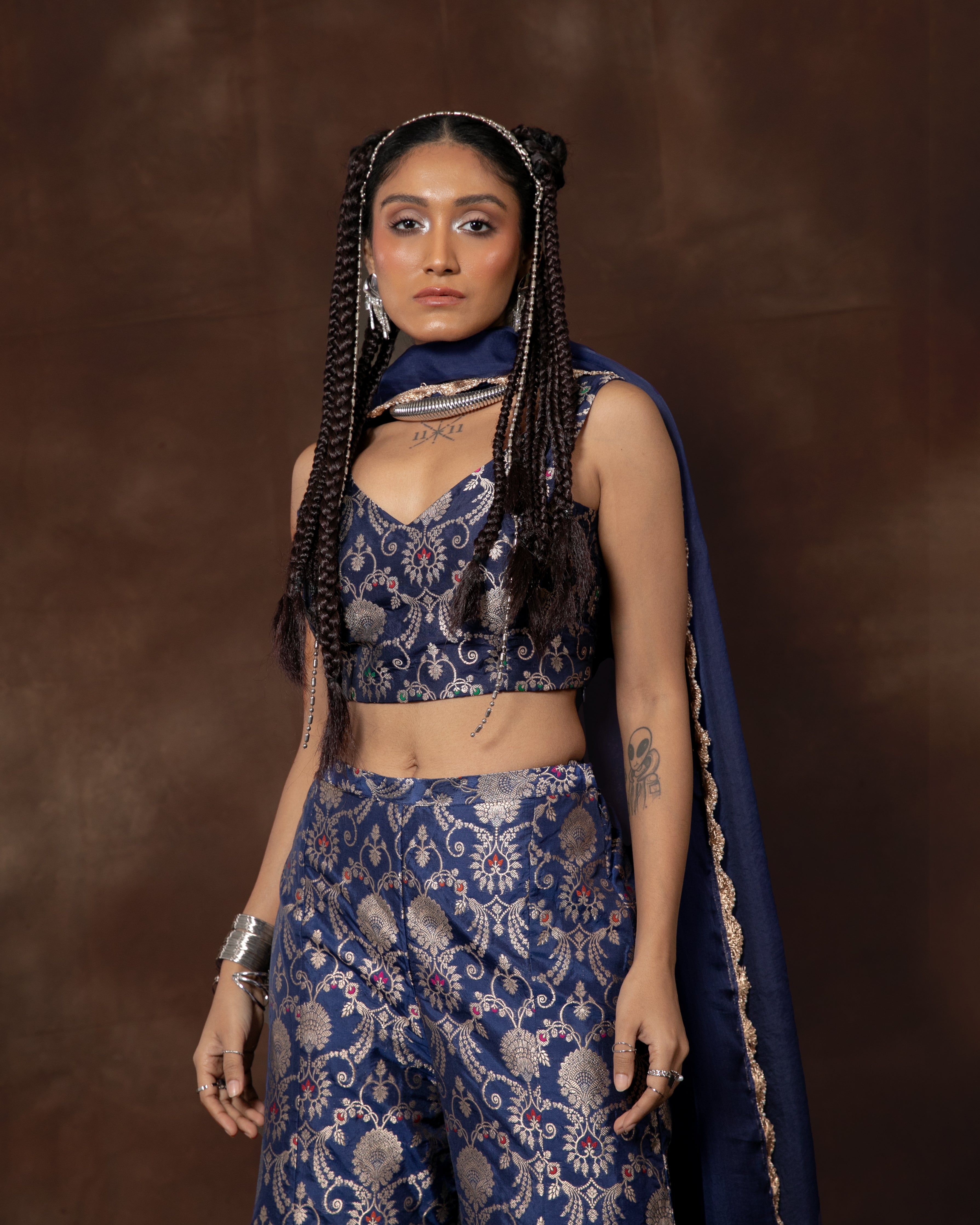Blue Banarsi Silk Top and Garara Set