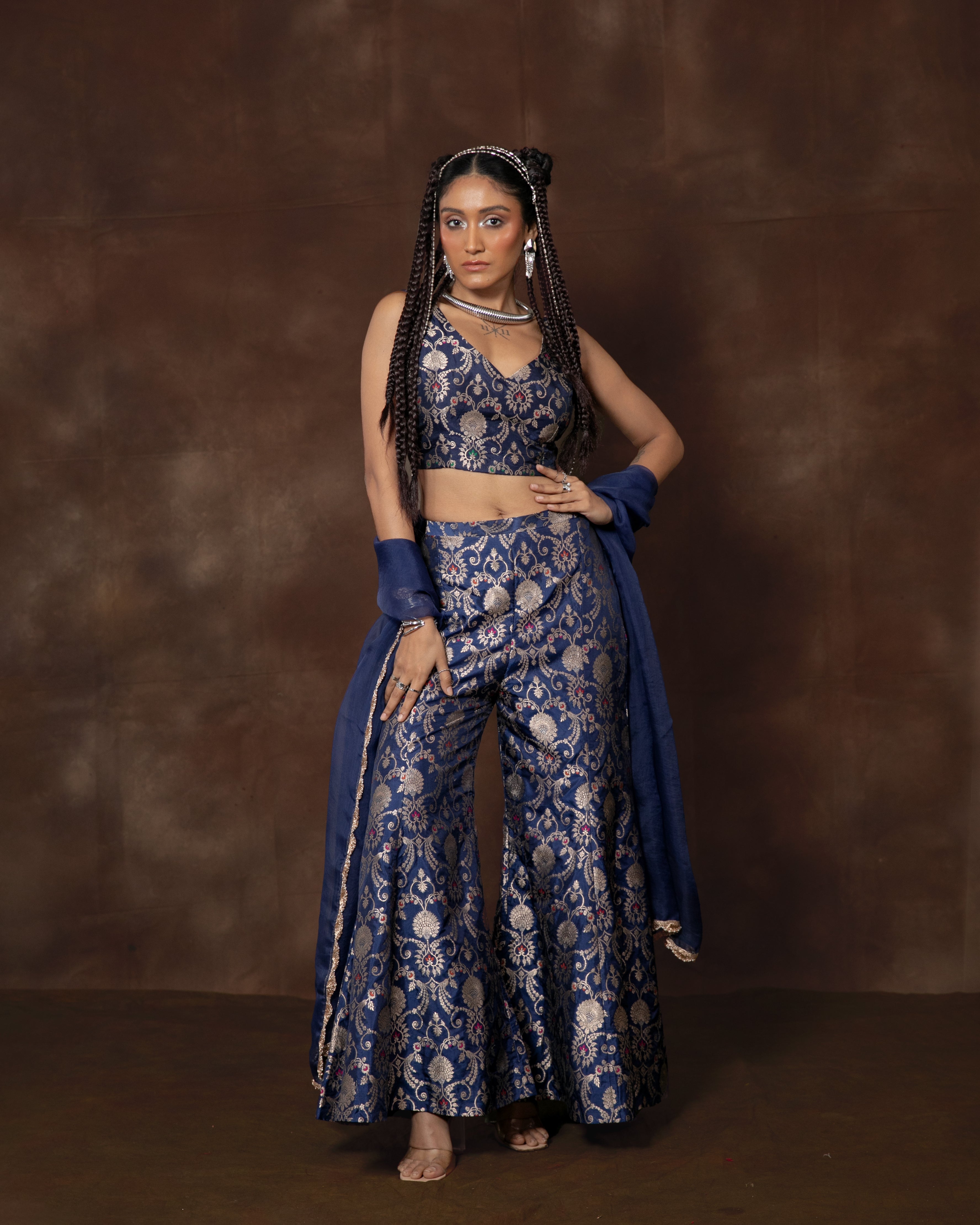 Blue Banarsi Silk Top and Garara Set