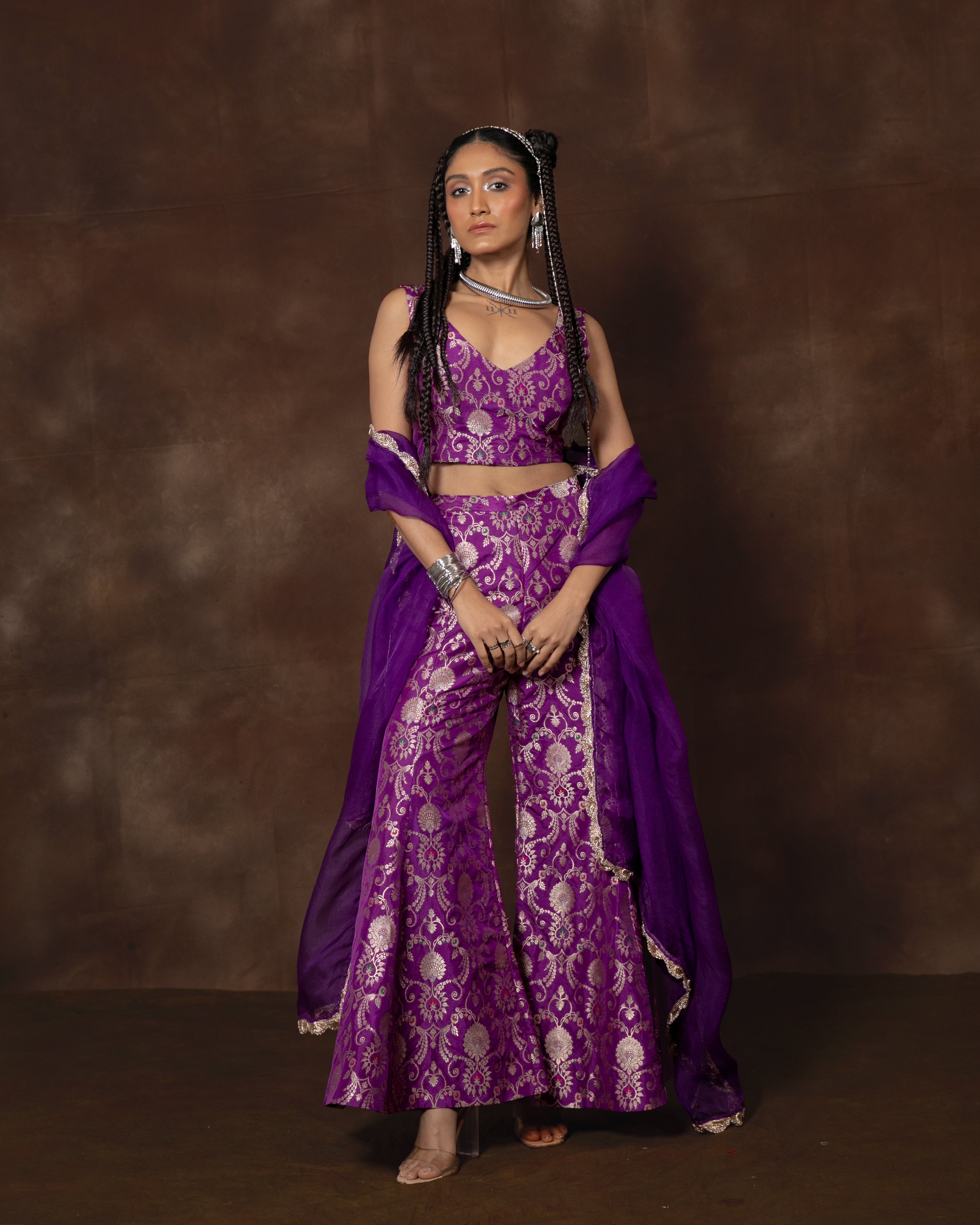 Purple Banarsi Silk Top and Garara Set