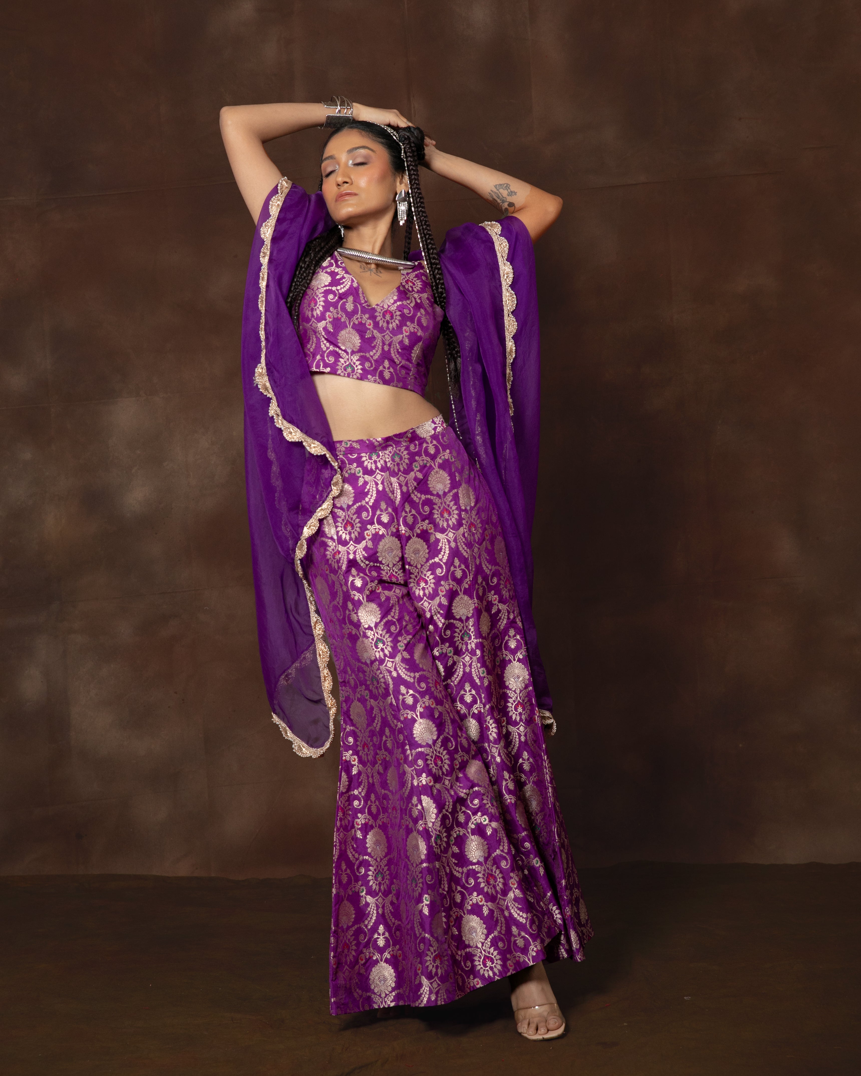 Purple Banarsi Silk Top and Garara Set