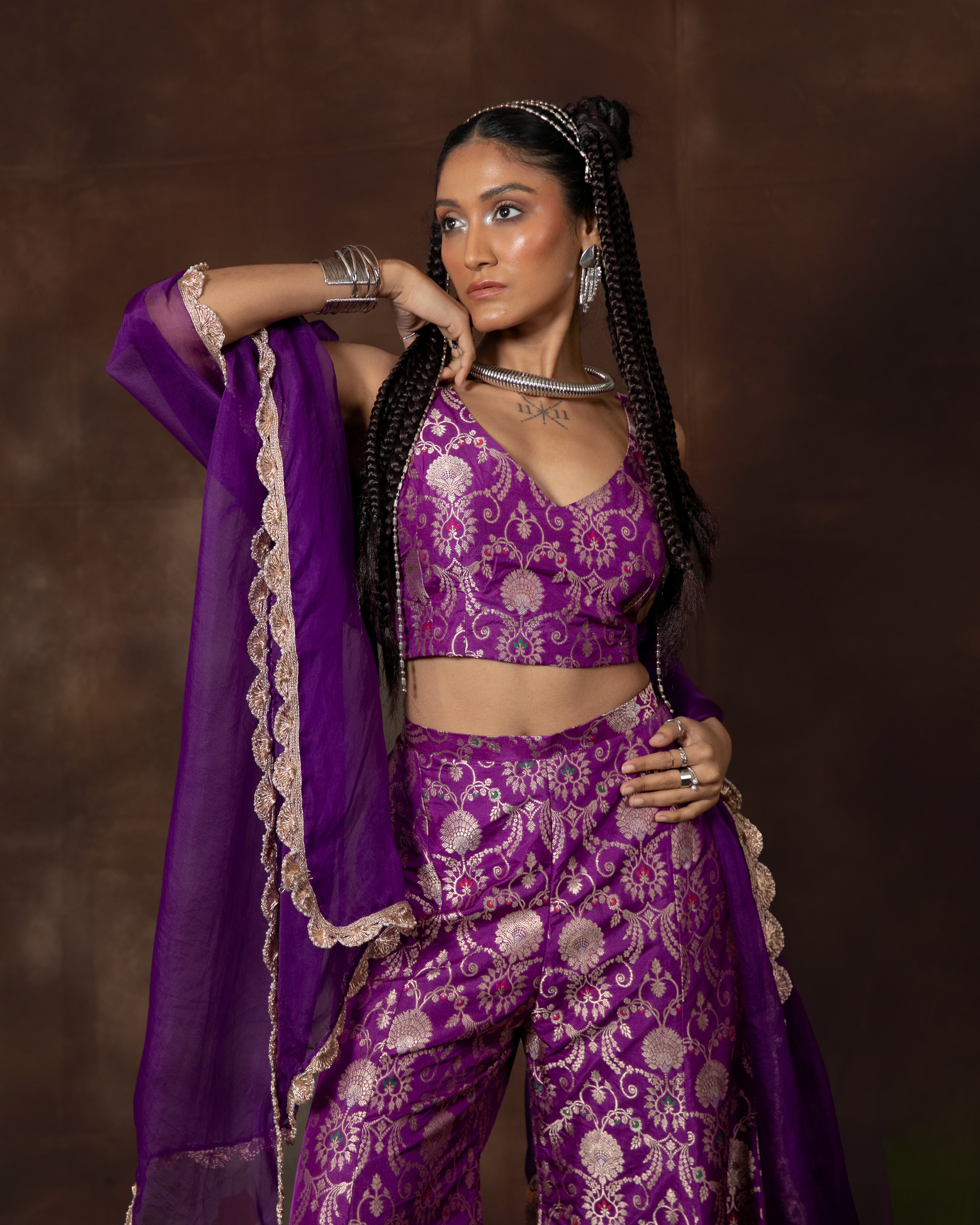 Purple Banarsi Silk Top and Garara Set