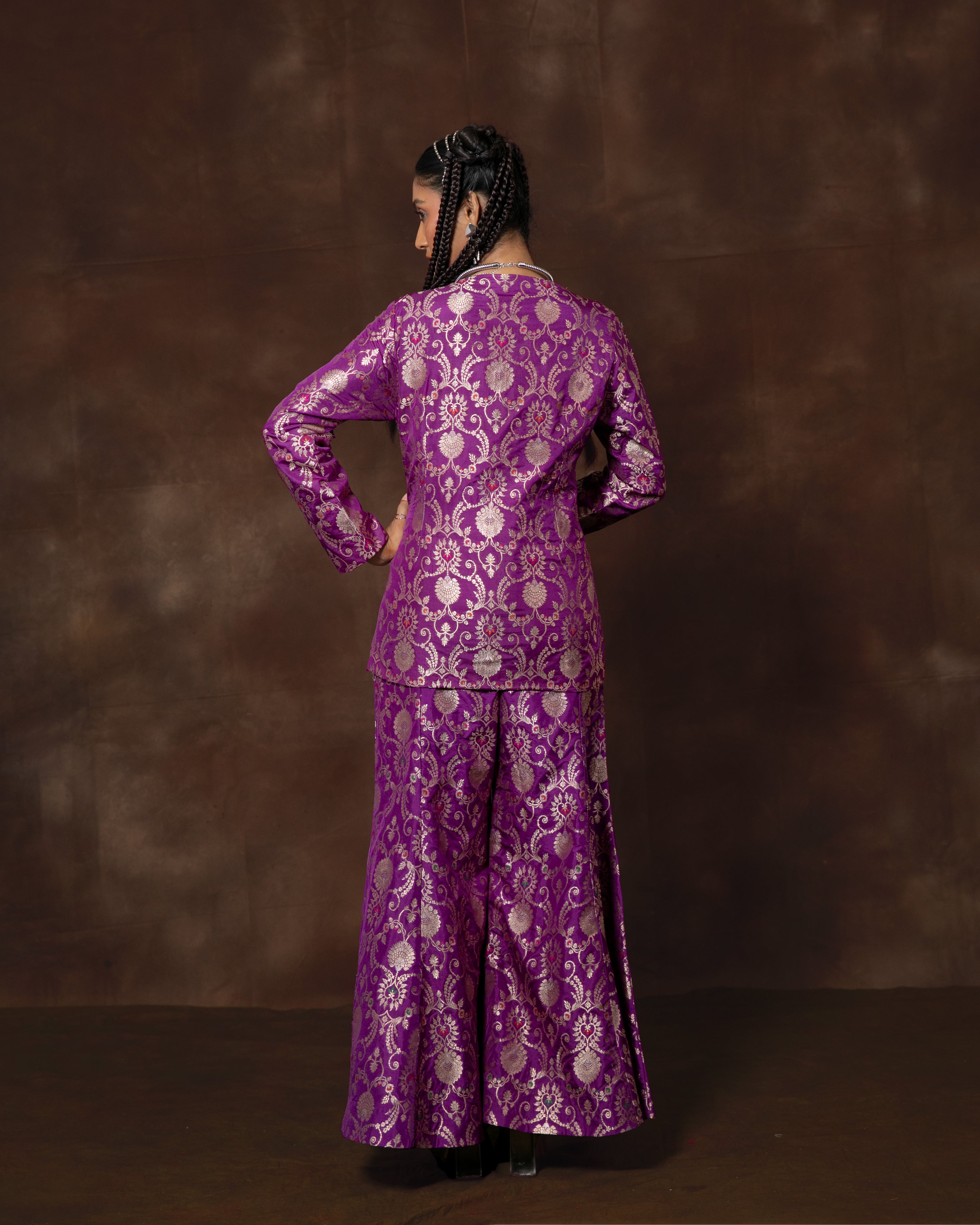 Purple Banarsi Silk Jacket and Garara Set