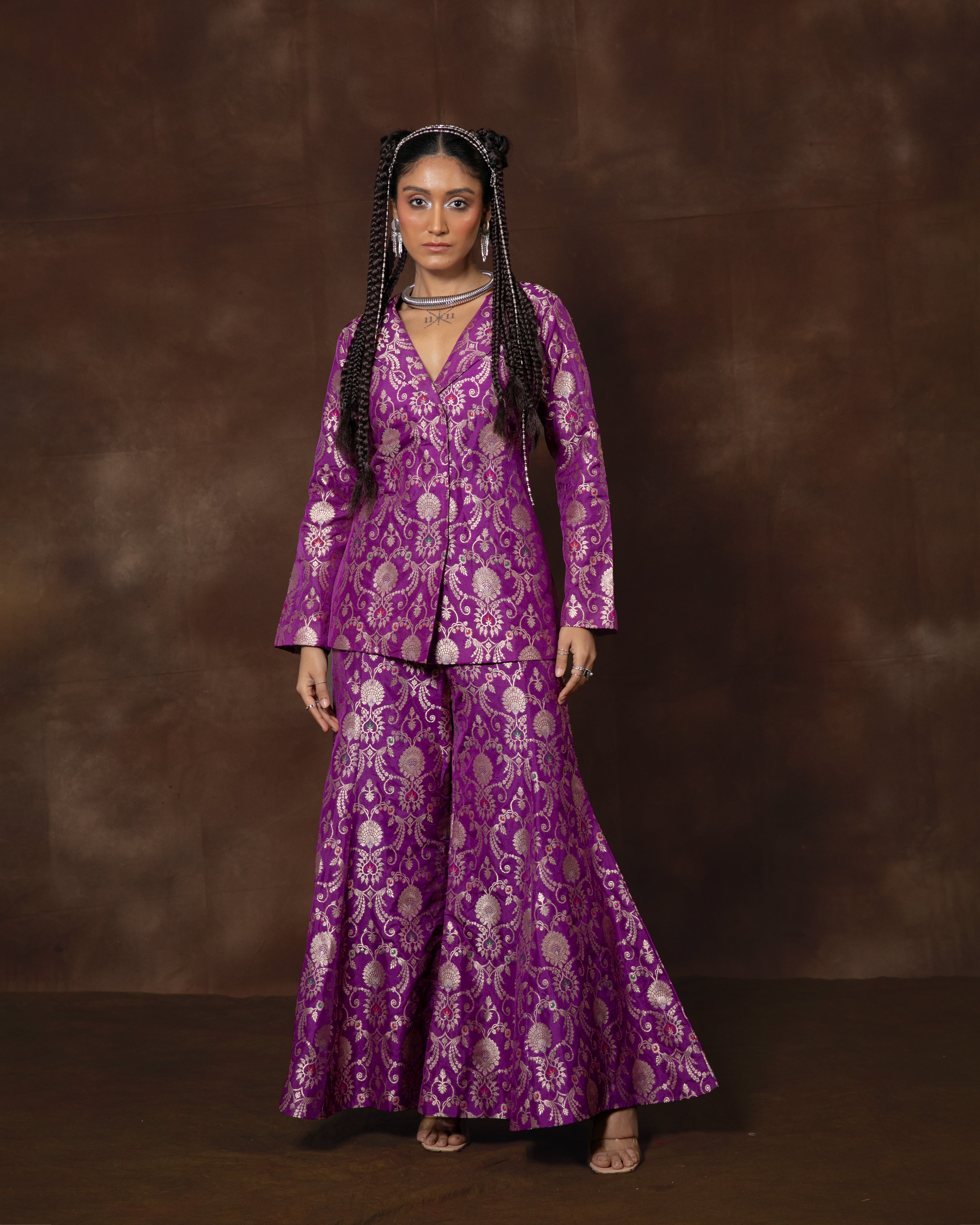 Purple Banarsi Silk Jacket and Garara Set