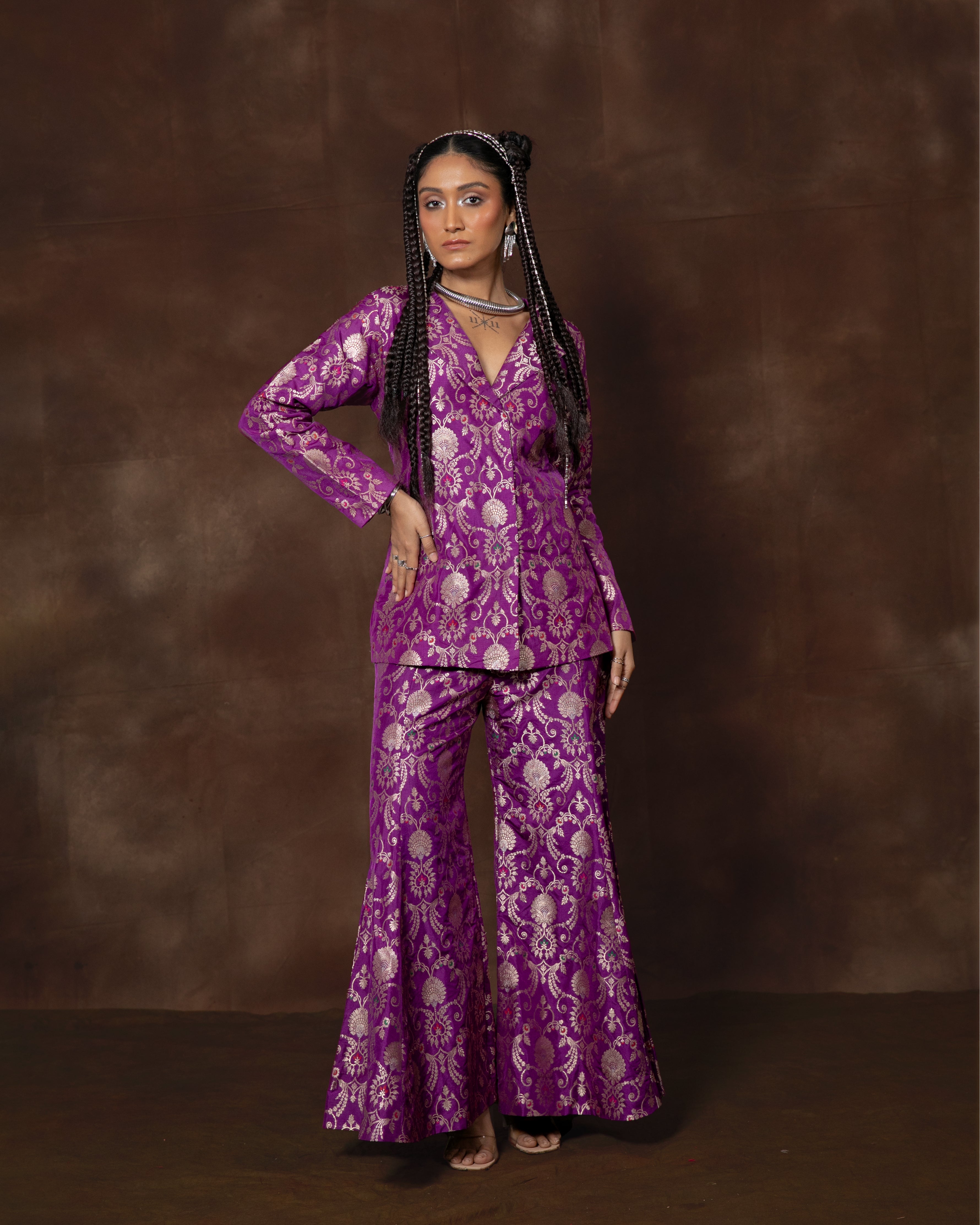 Purple Banarsi Silk Jacket and Garara Set