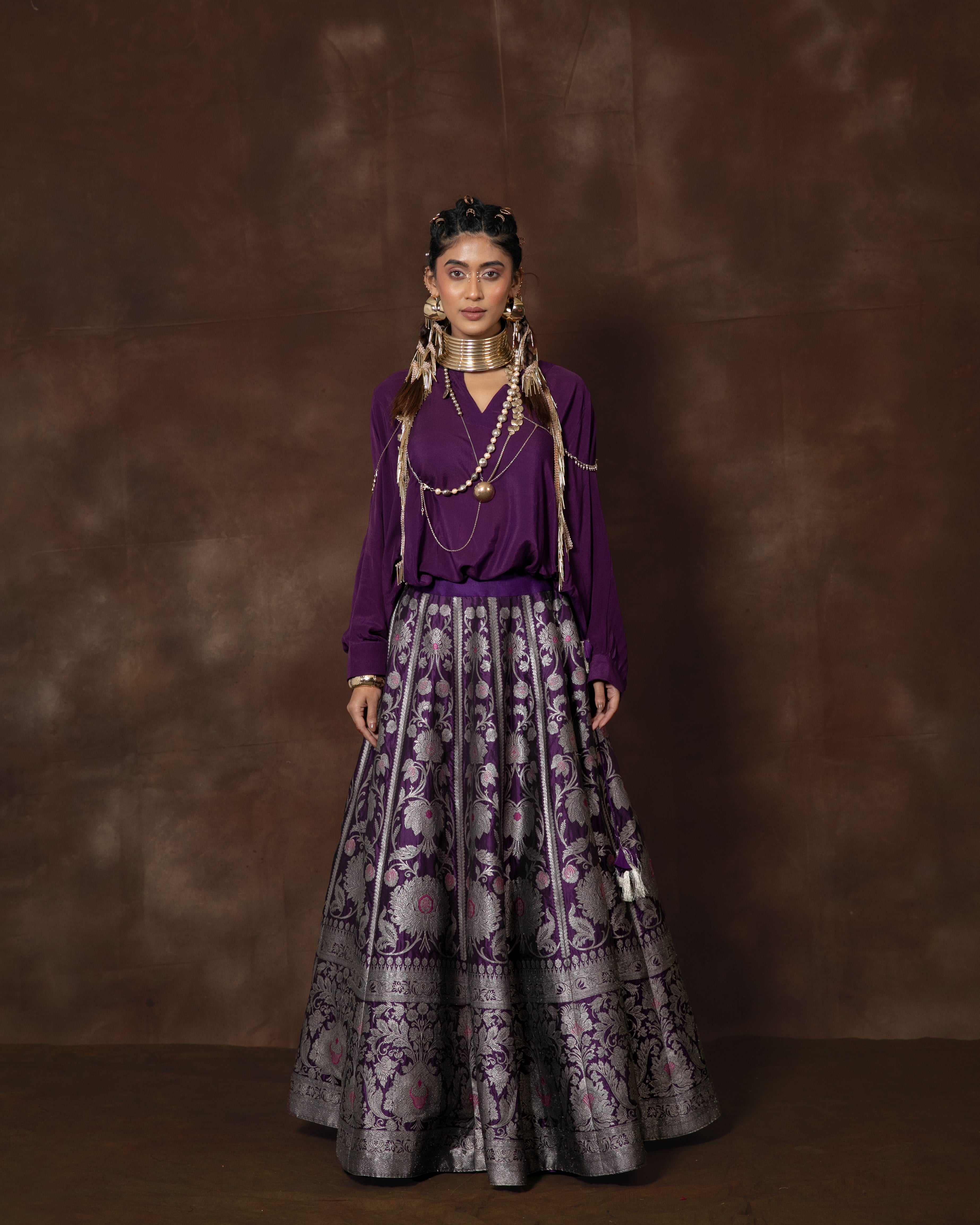 Royal Purple Banarsi Silk Lehenga with Silk Shirt
