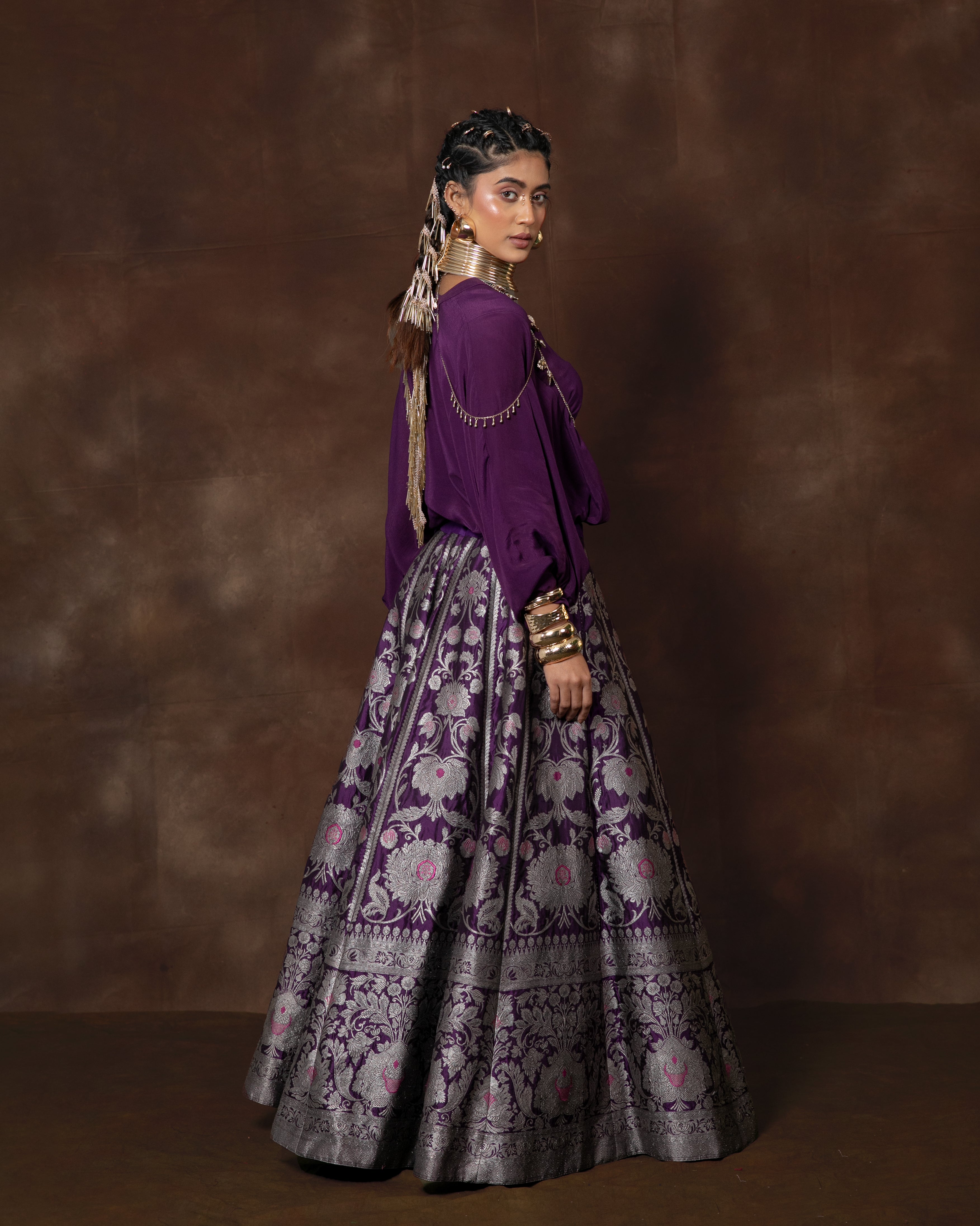 Royal Purple Banarsi Silk Lehenga with Silk Shirt