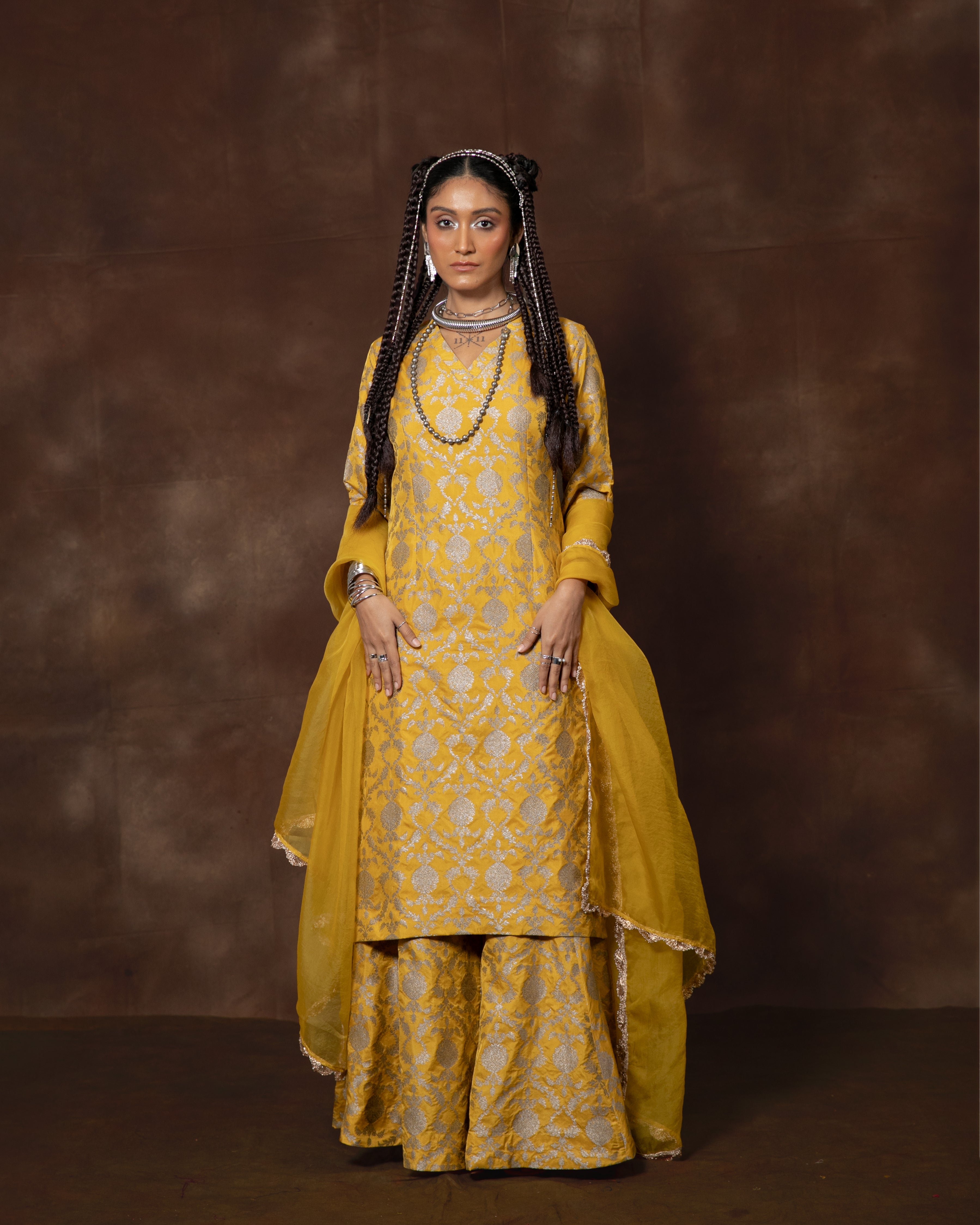Yellow Banarsi Silk Kurta Garara Set with Organza Duppatta