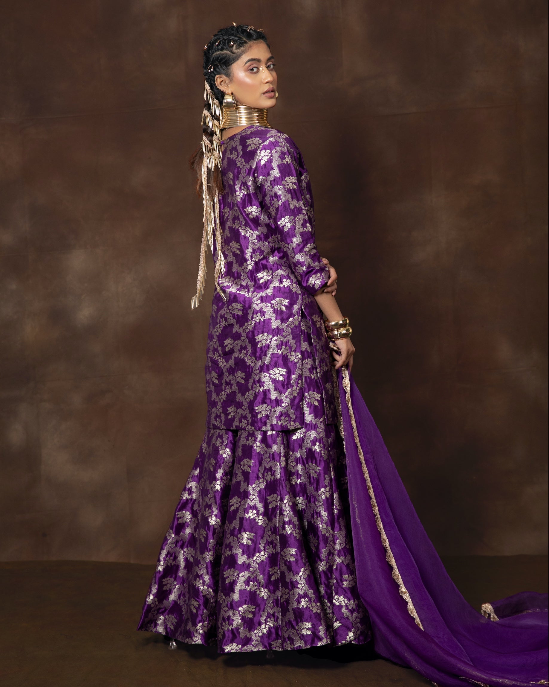 Purple Banarasi Silk Kurta Garara Set