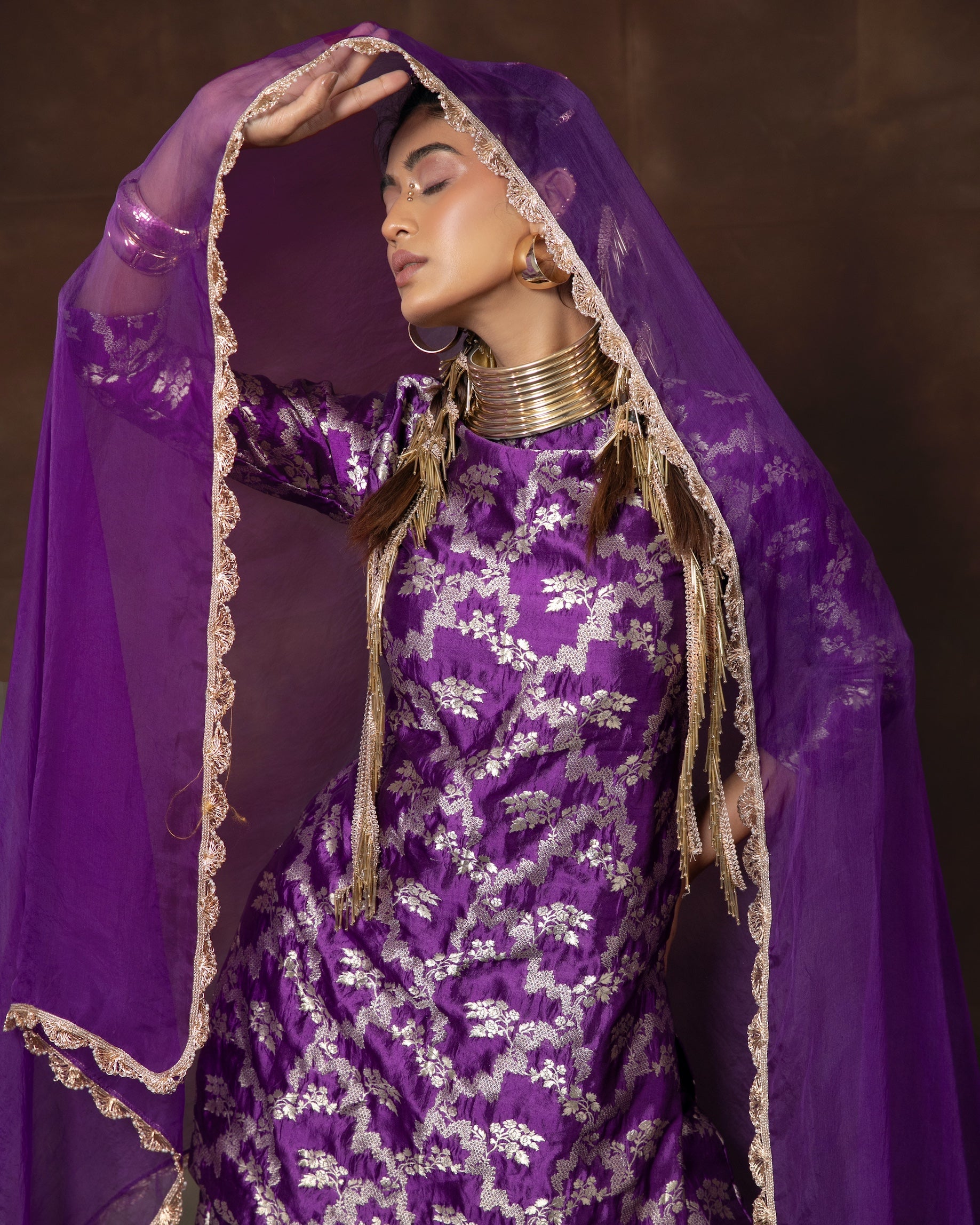 Purple Banarasi Silk Kurta Garara Set