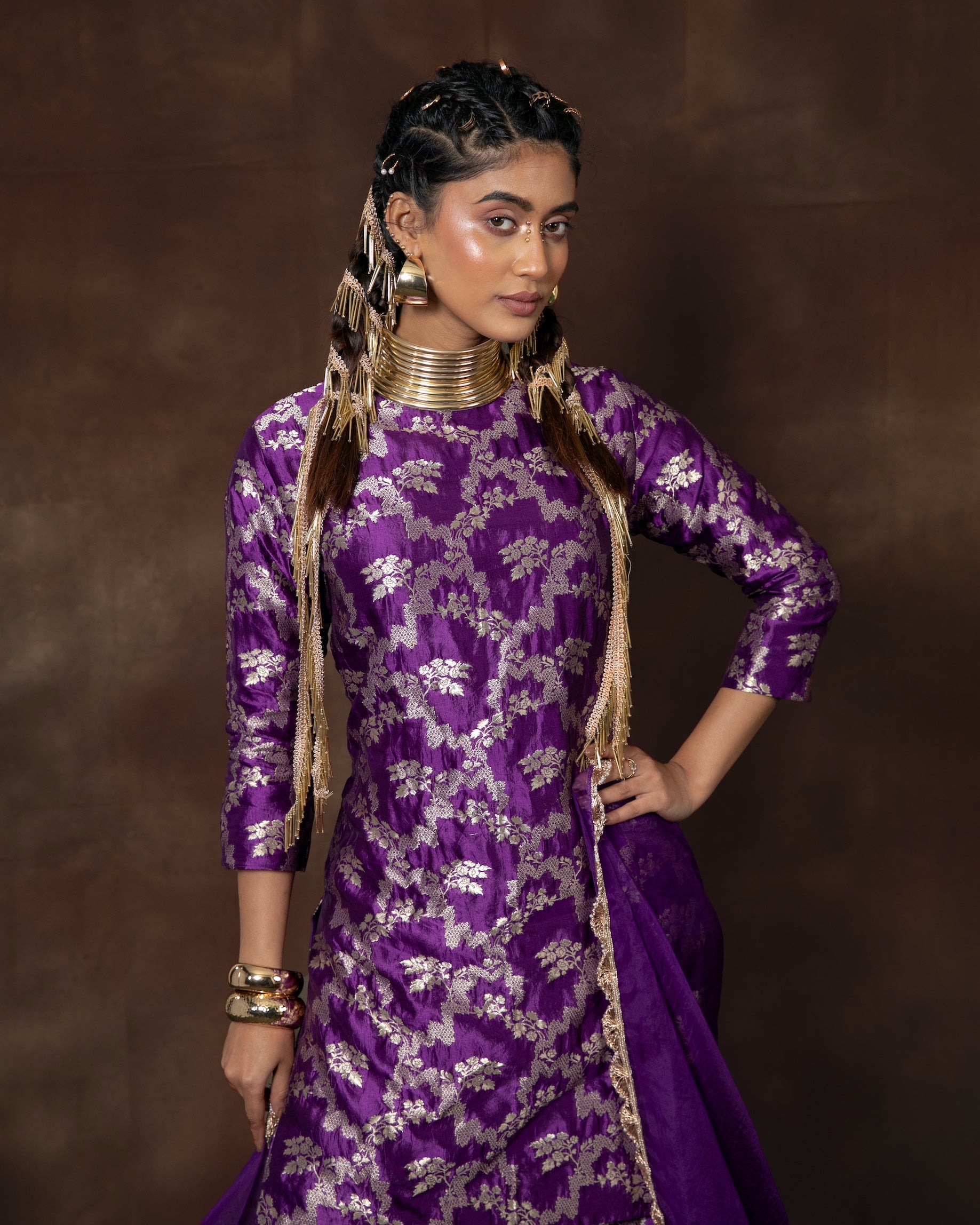 Purple Banarasi Silk Kurta Garara Set