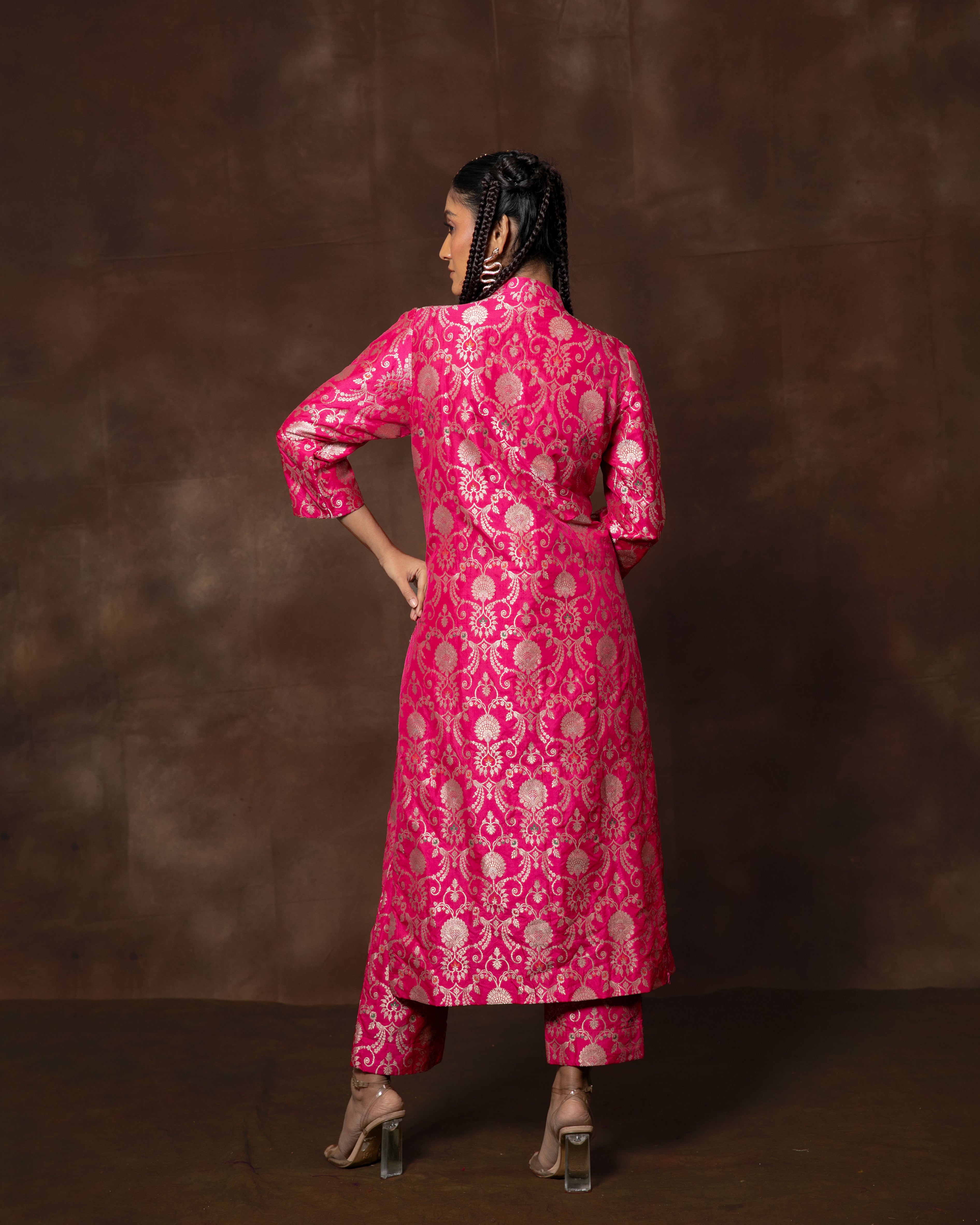 Pink Meenakari Banarsi Silk Kurta with Brocade Pant