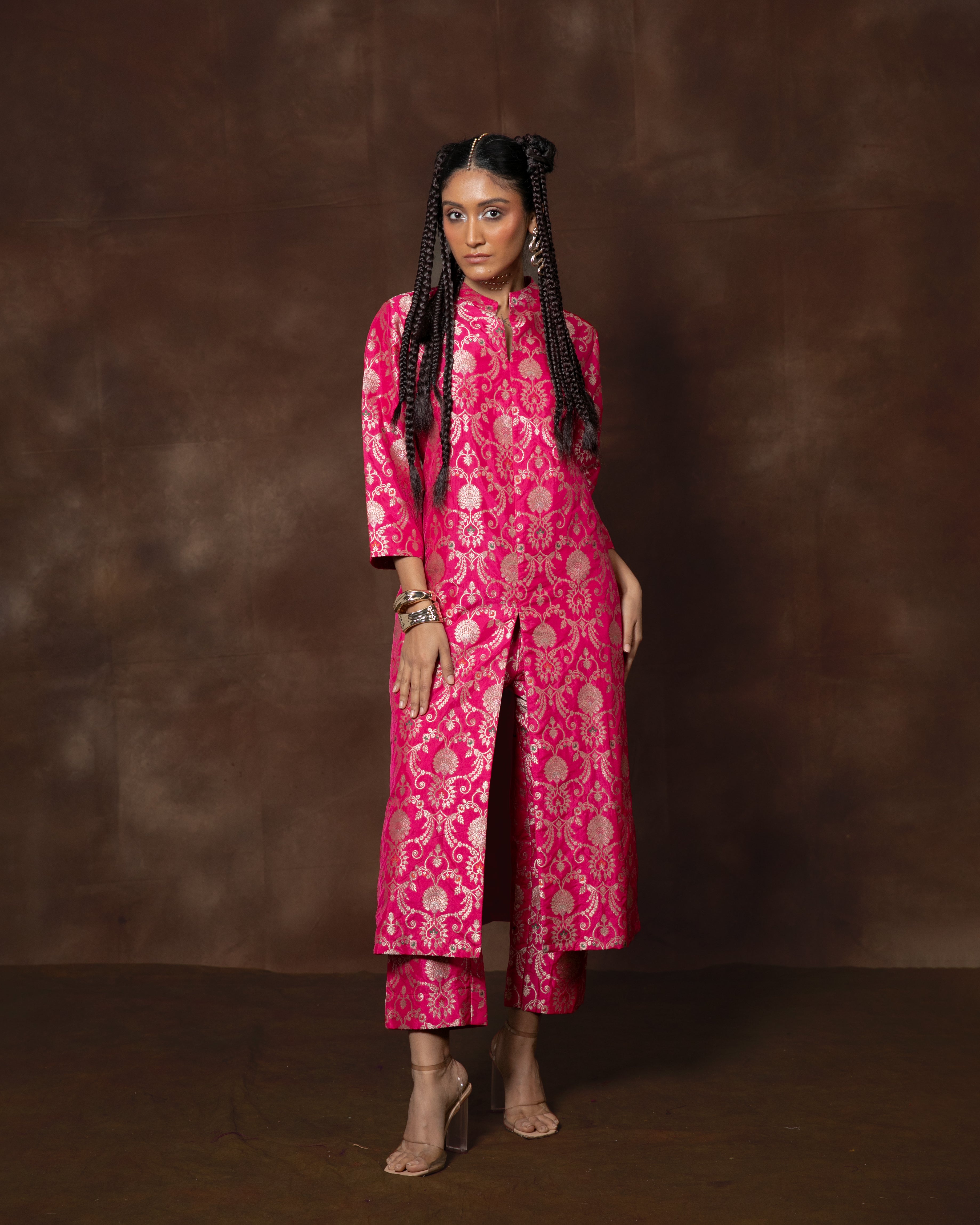Pink Meenakari Banarsi Silk Kurta with Brocade Pant