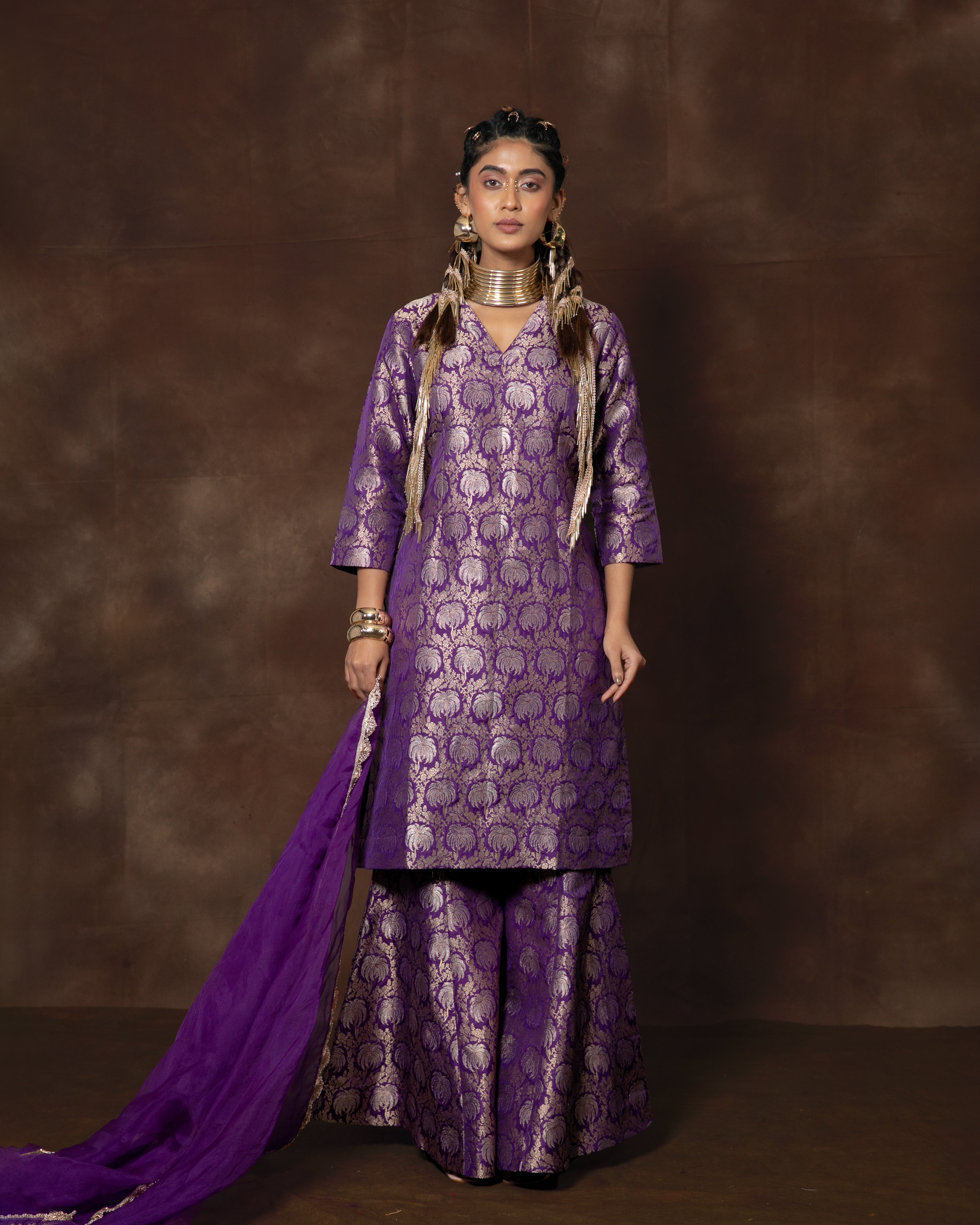 Purple Banarasi Silk Kurta Garara Set