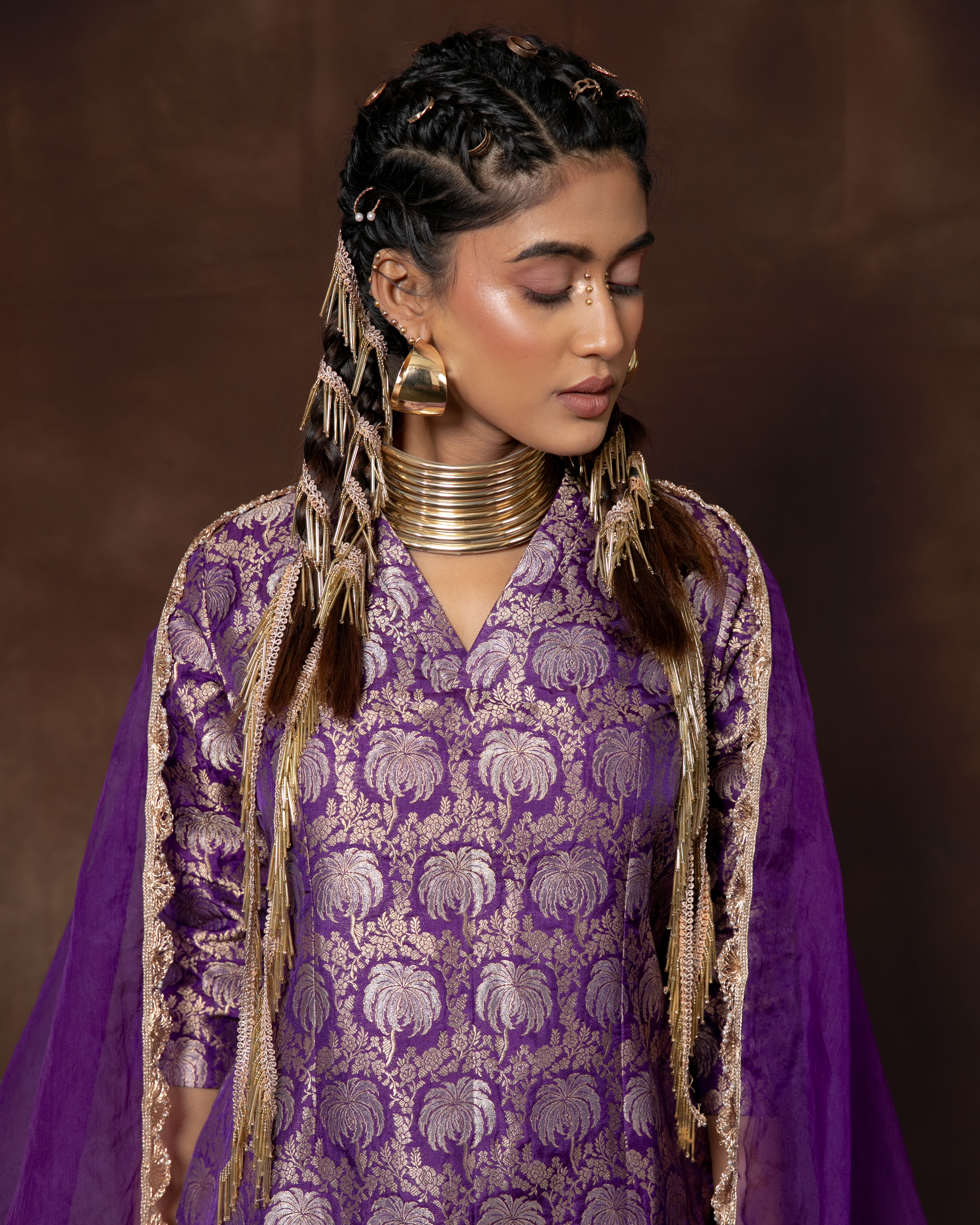 Purple Banarasi Silk Kurta Garara Set