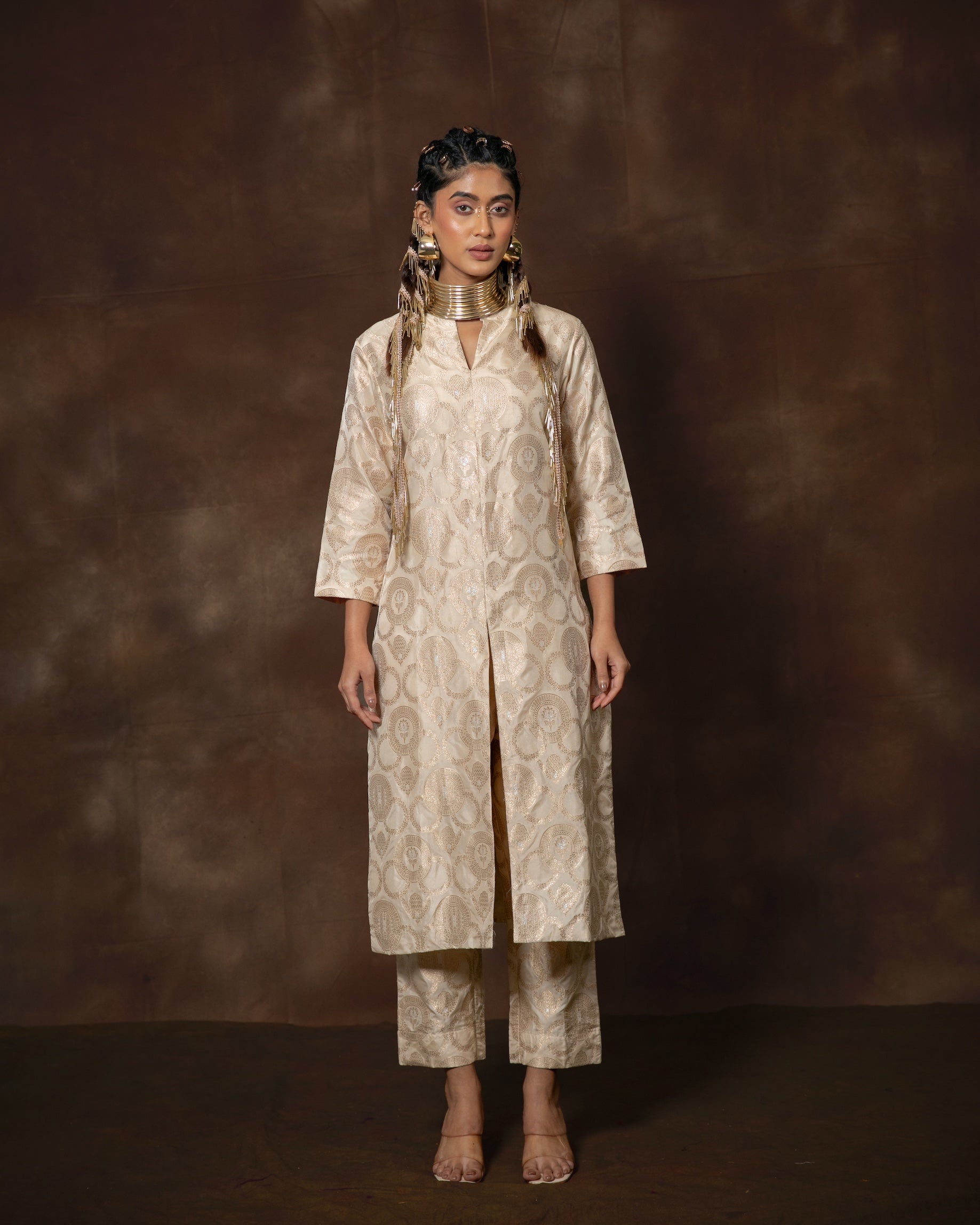 Ivory & Gold Brocade Silk Kurta Set