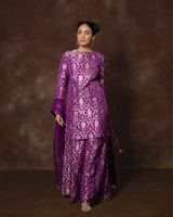 Purple Banarsi Silk Kurta Sharara Set with Organza Duppatta