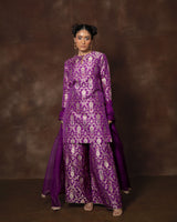 Purple Banarsi Silk Kurta Sharara Set with Organza Duppatta