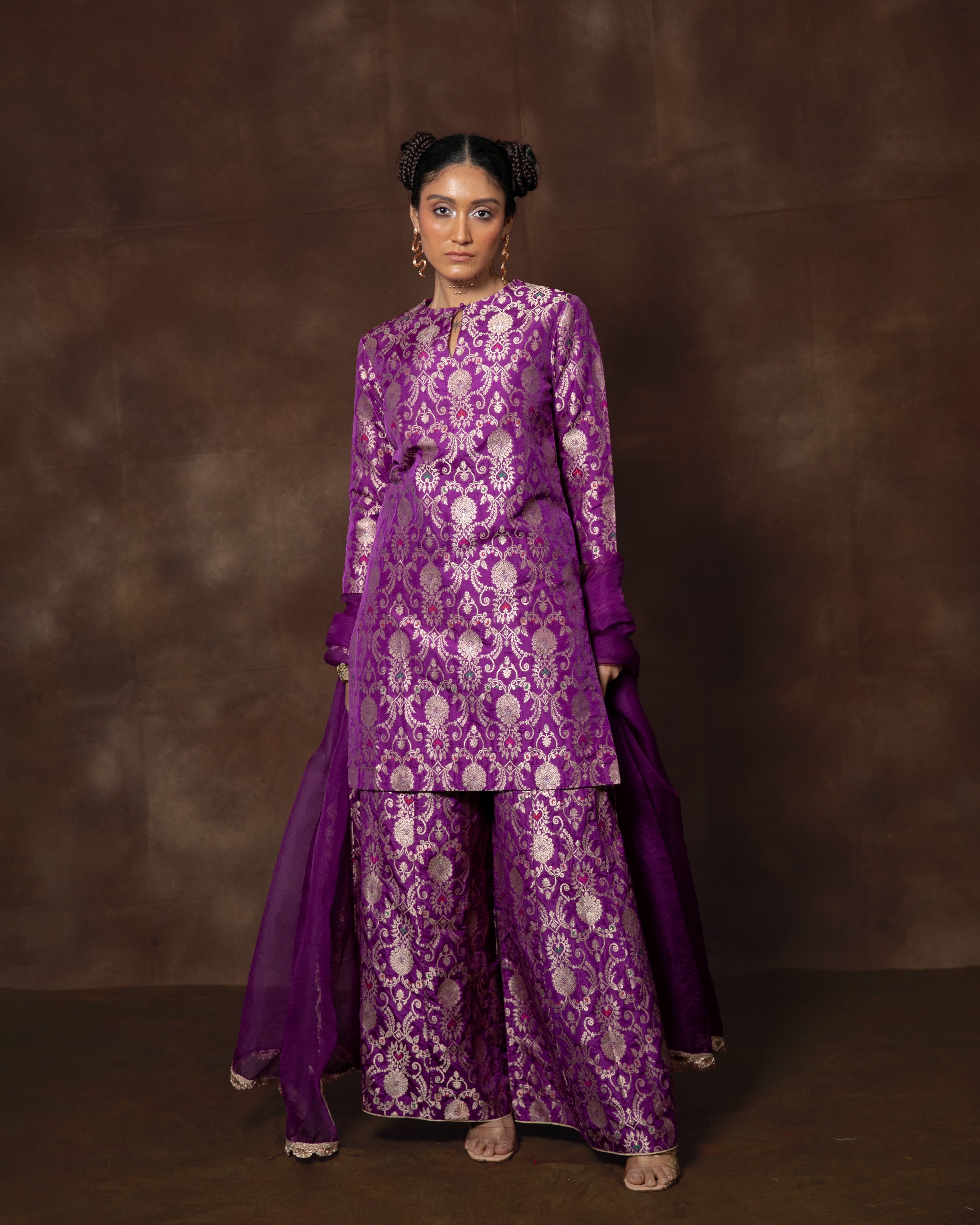 Purple Banarsi Silk Kurta Sharara Set with Organza Duppatta