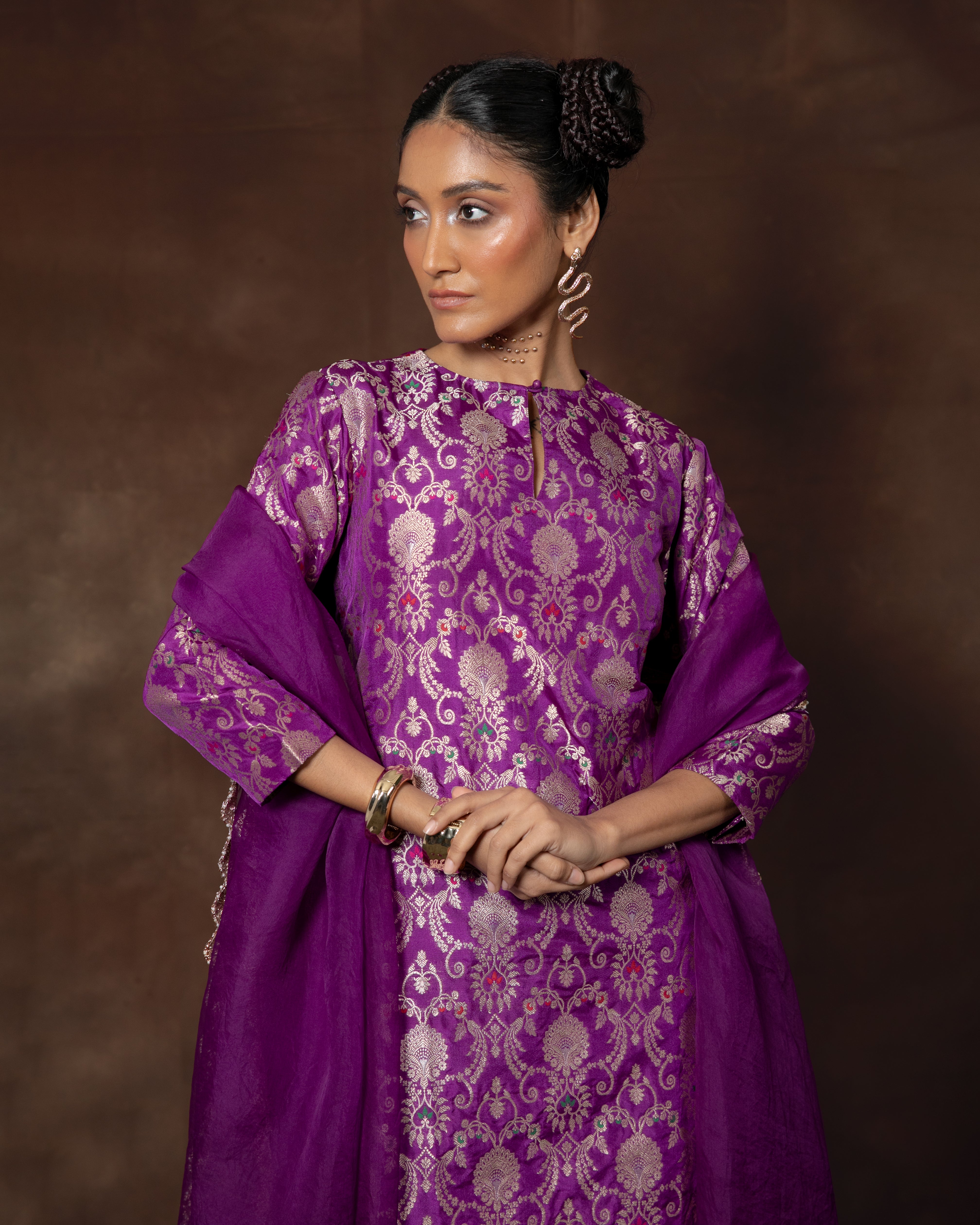 Purple Banarsi Silk Kurta Sharara Set with Organza Duppatta