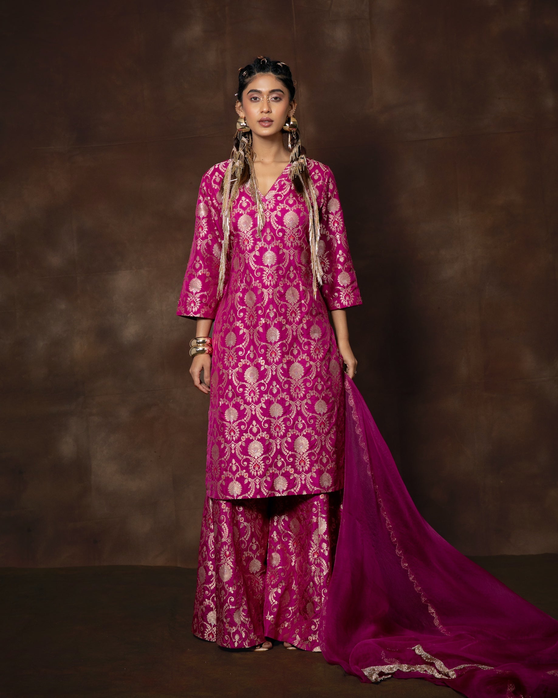 Mehak Bakshi in Magenta Banarasi Silk Kurta Garara Set