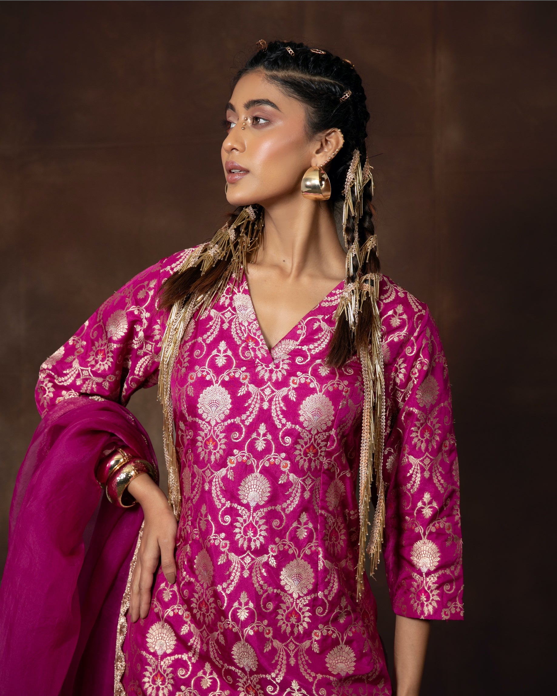 Mehak Bakshi in Magenta Banarasi Silk Kurta Garara Set