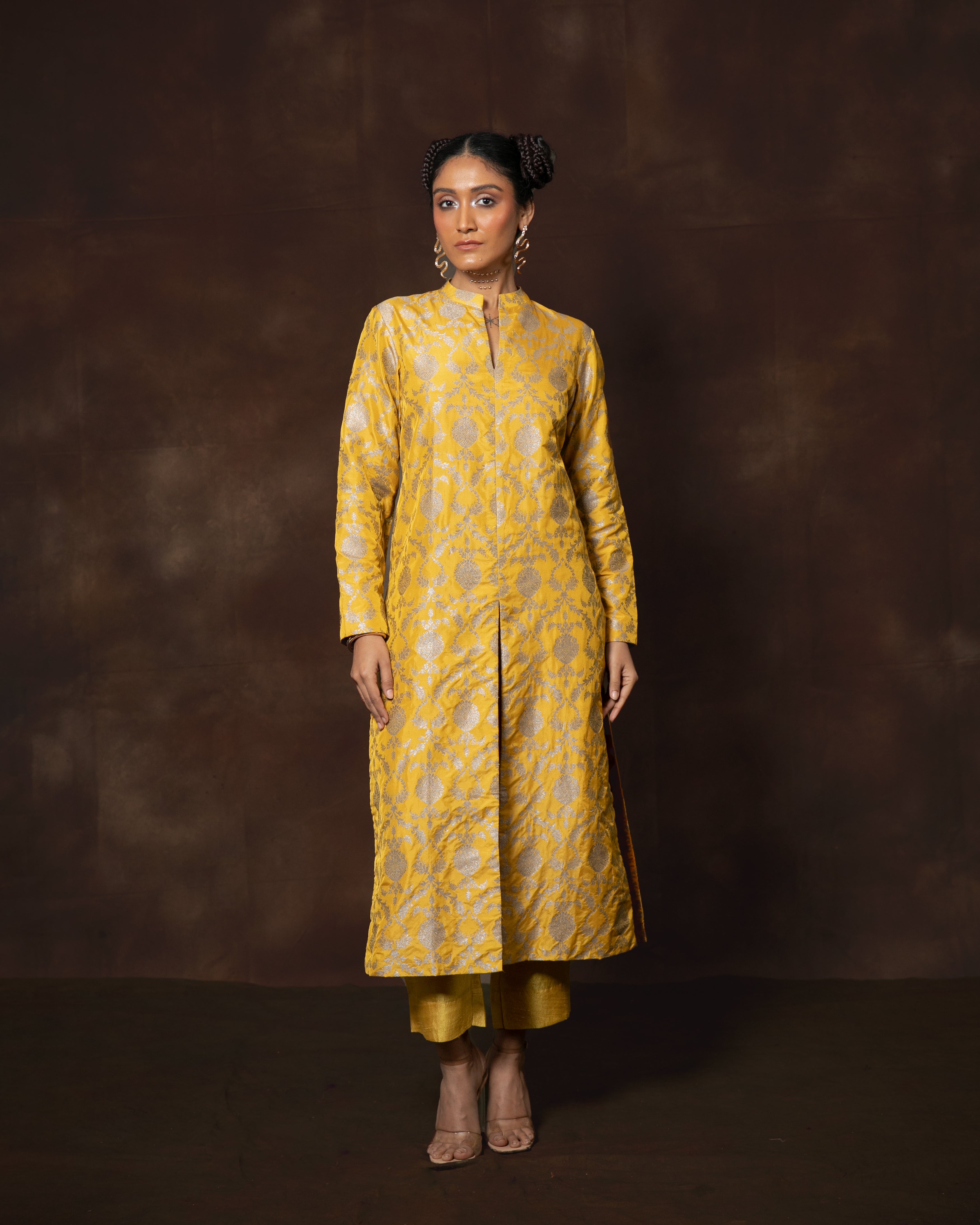 Yellow Floral Jaal Silk Kurta Set