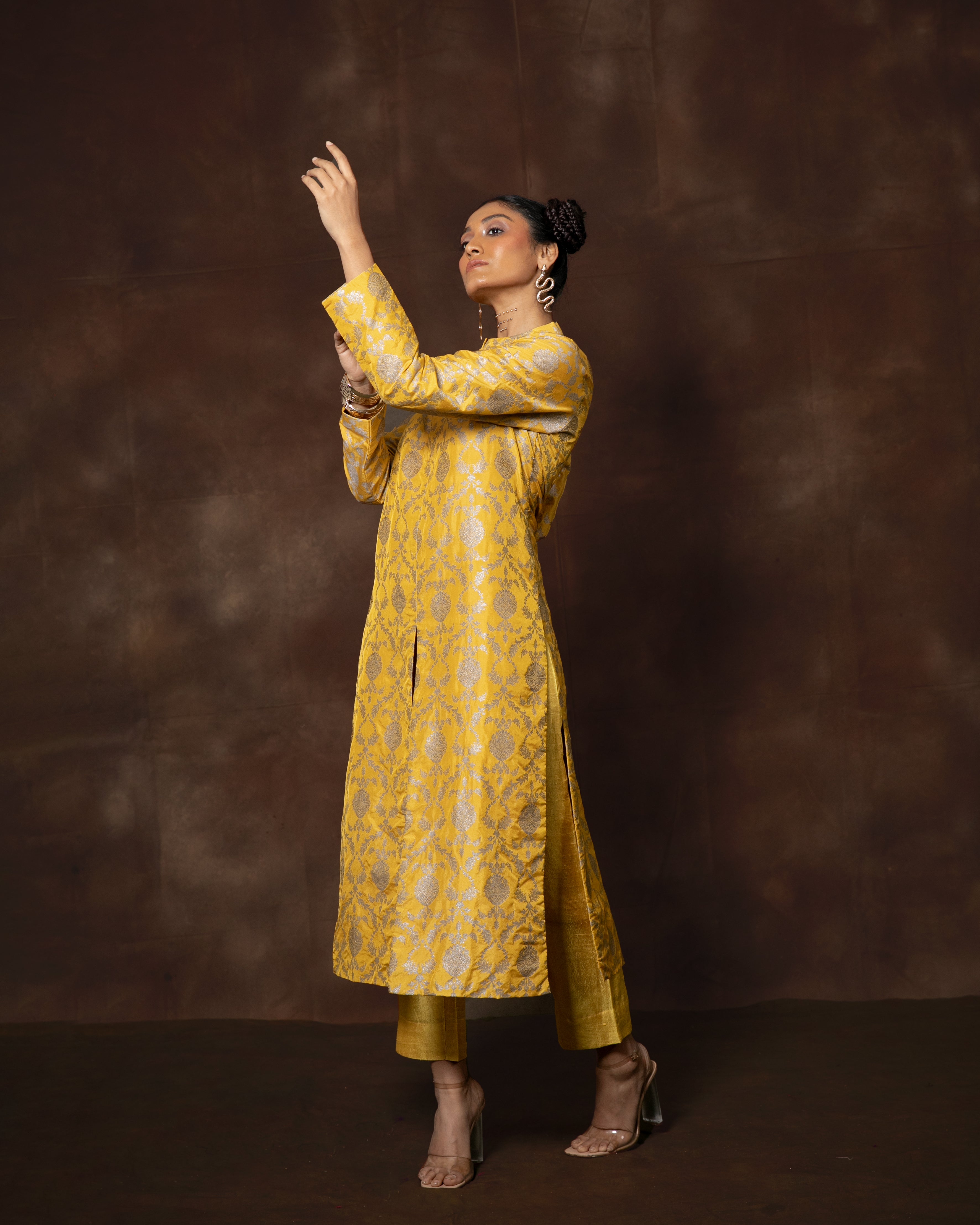 Yellow Floral Jaal Silk Kurta Set