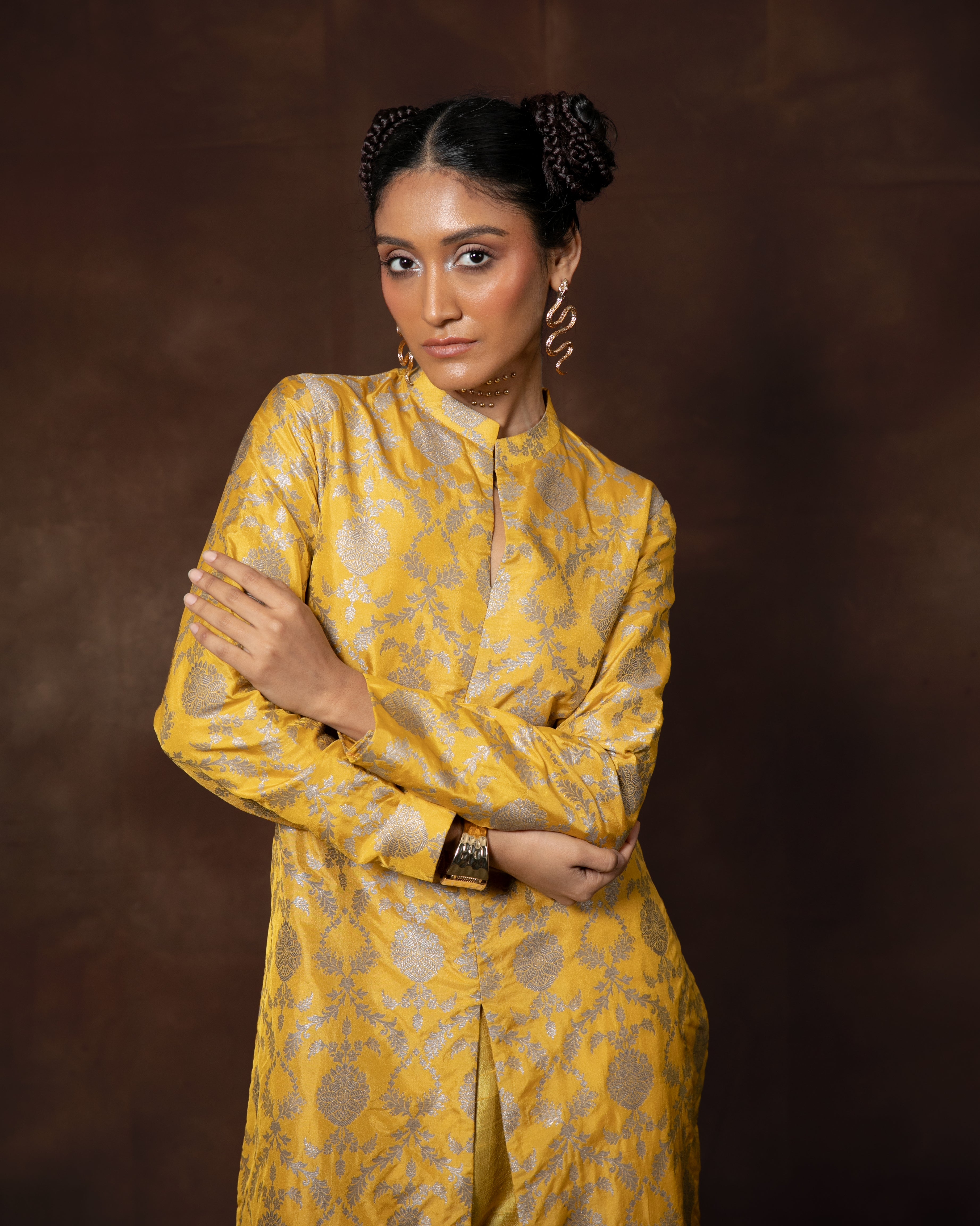 Yellow Floral Jaal Silk Kurta Set