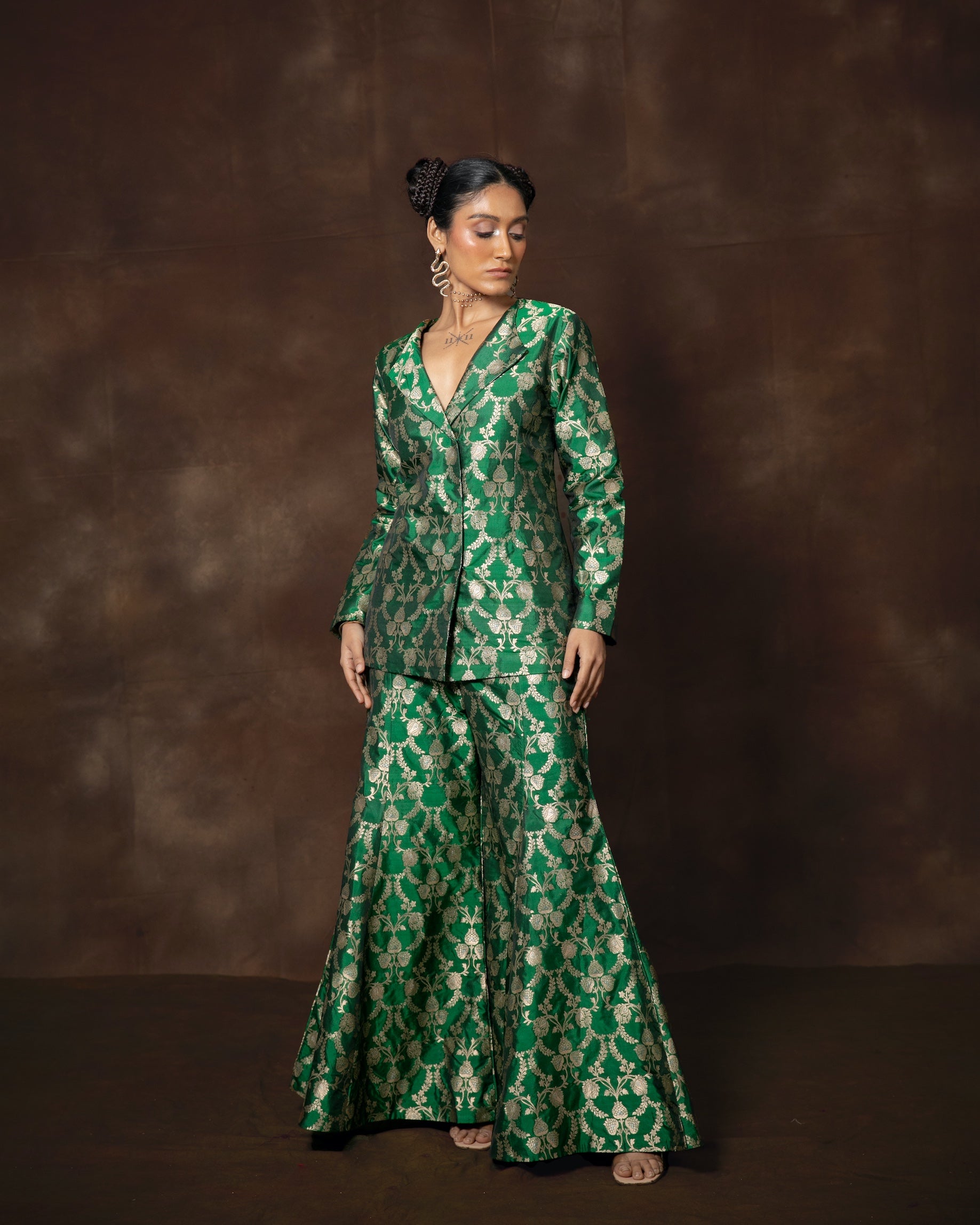 Akriti Kakkar in Green Banarsi Silk Jacket Garara Set