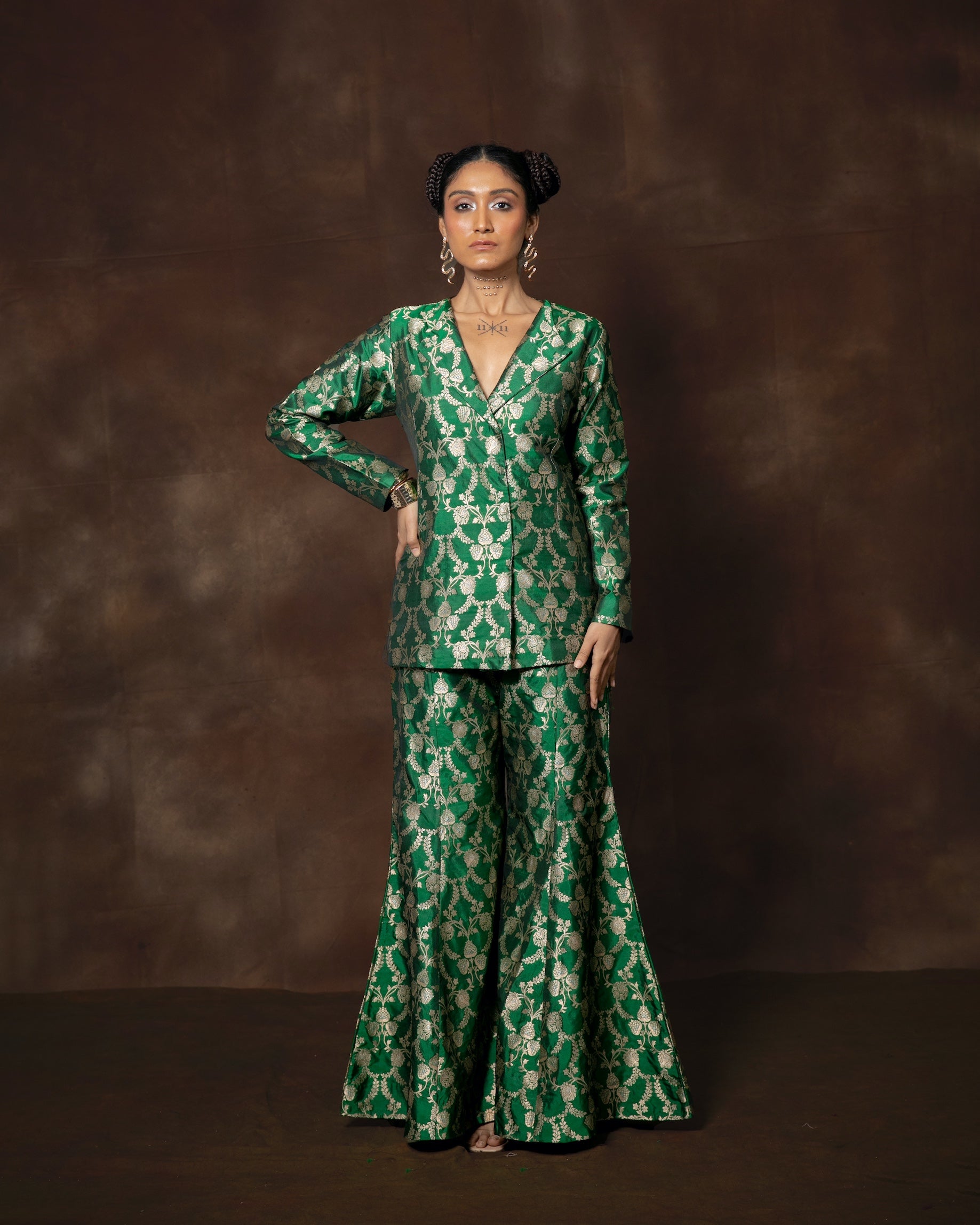 Akriti Kakkar in Green Banarsi Silk Jacket Garara Set