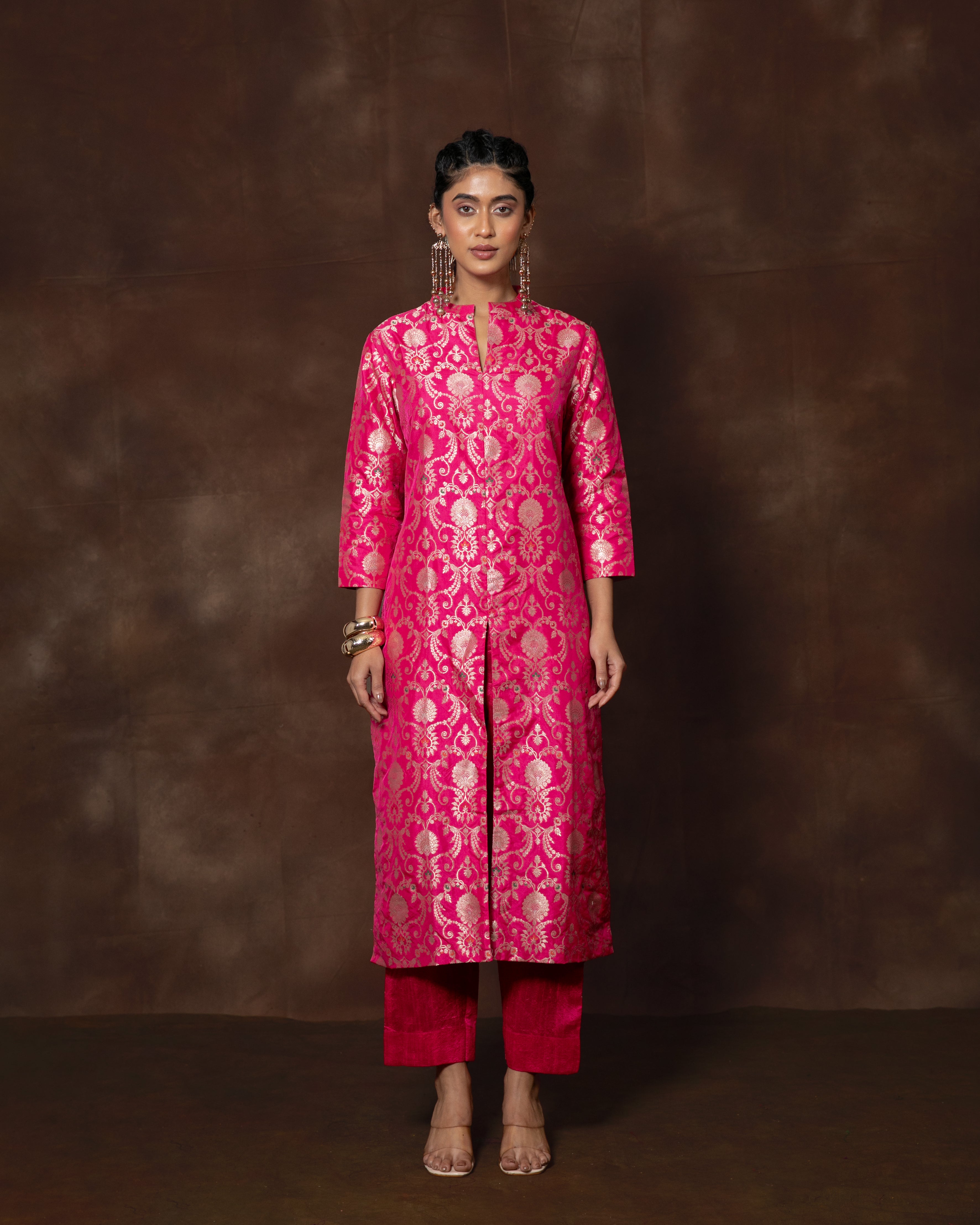 Pink Brocade Banarsi Silk Kurta Set